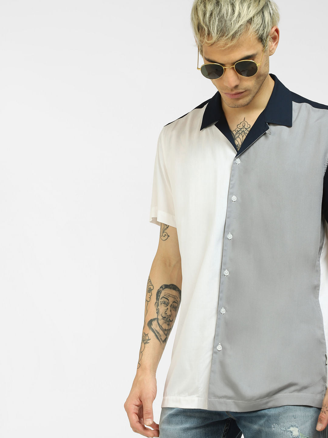 White Colourblocked Full Sleeves Shirt - S