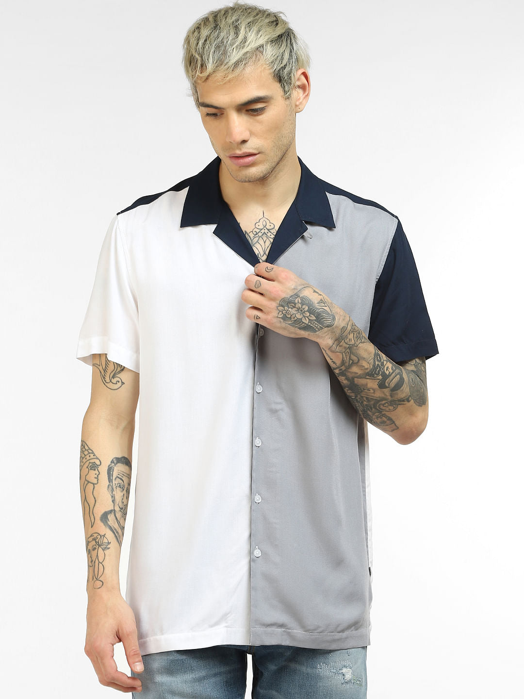 White Colourblocked Full Sleeves Shirt