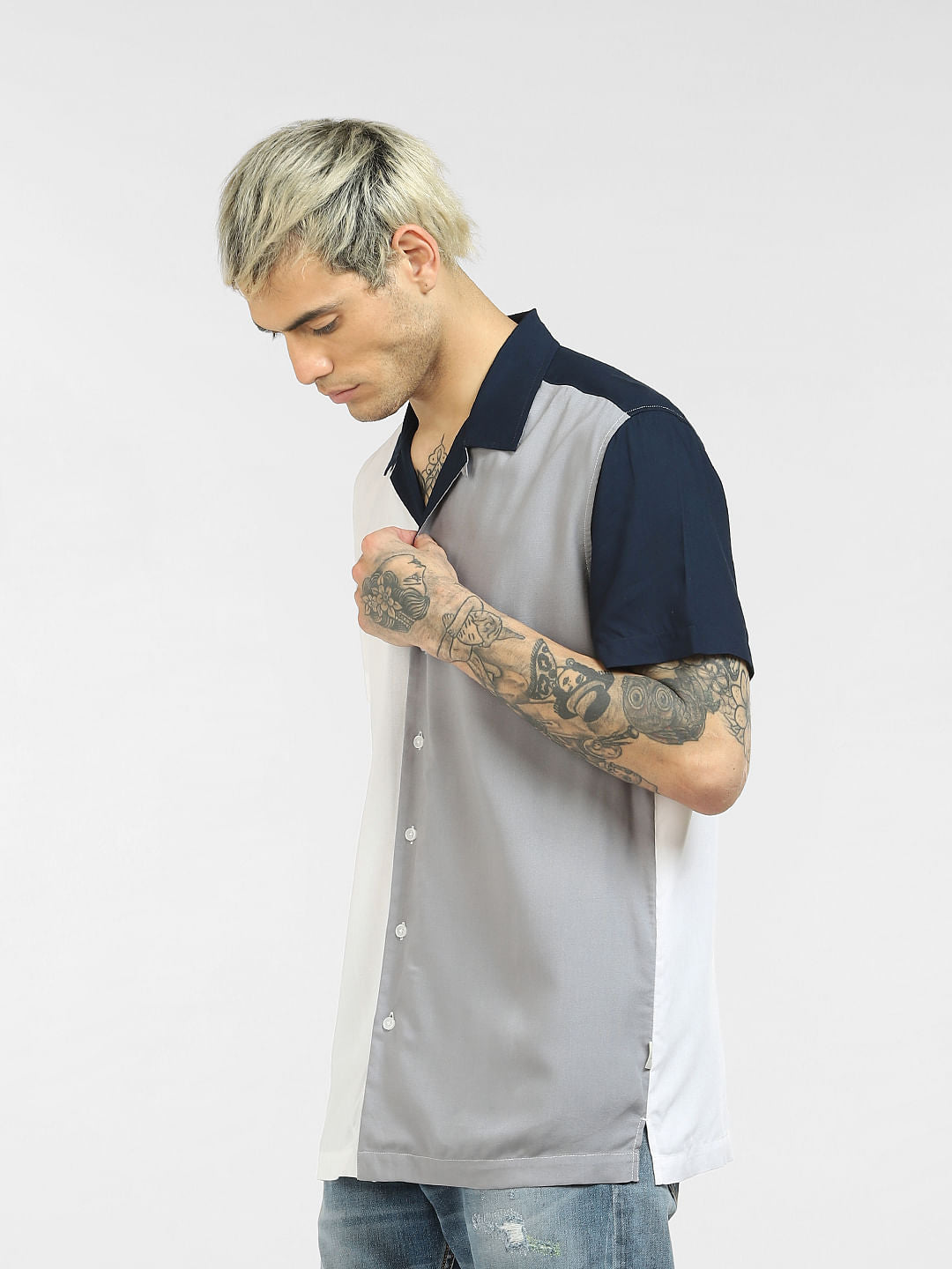 White Colourblocked Full Sleeves Shirt