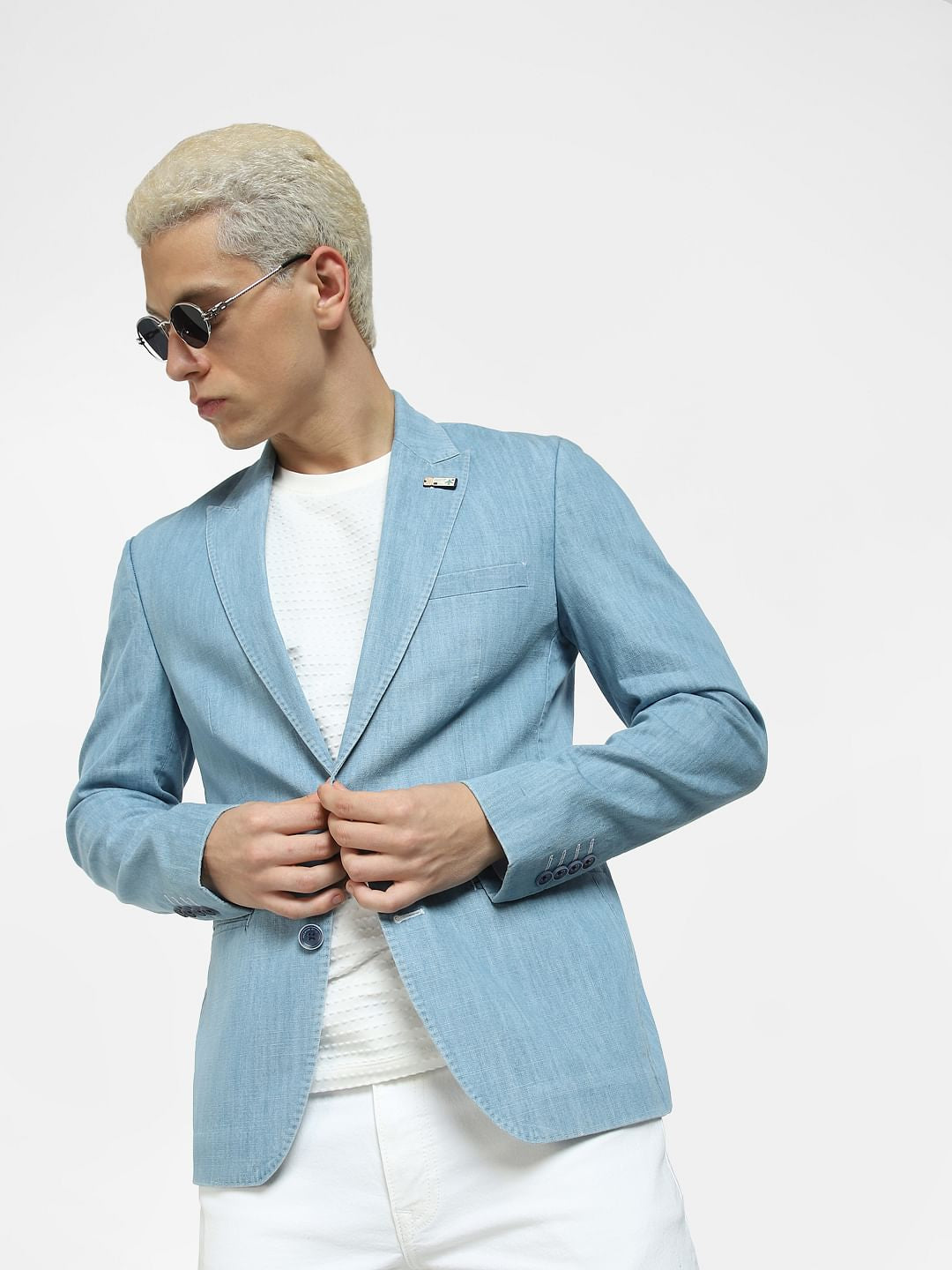Light Blue Slim Fit Denim Blazer