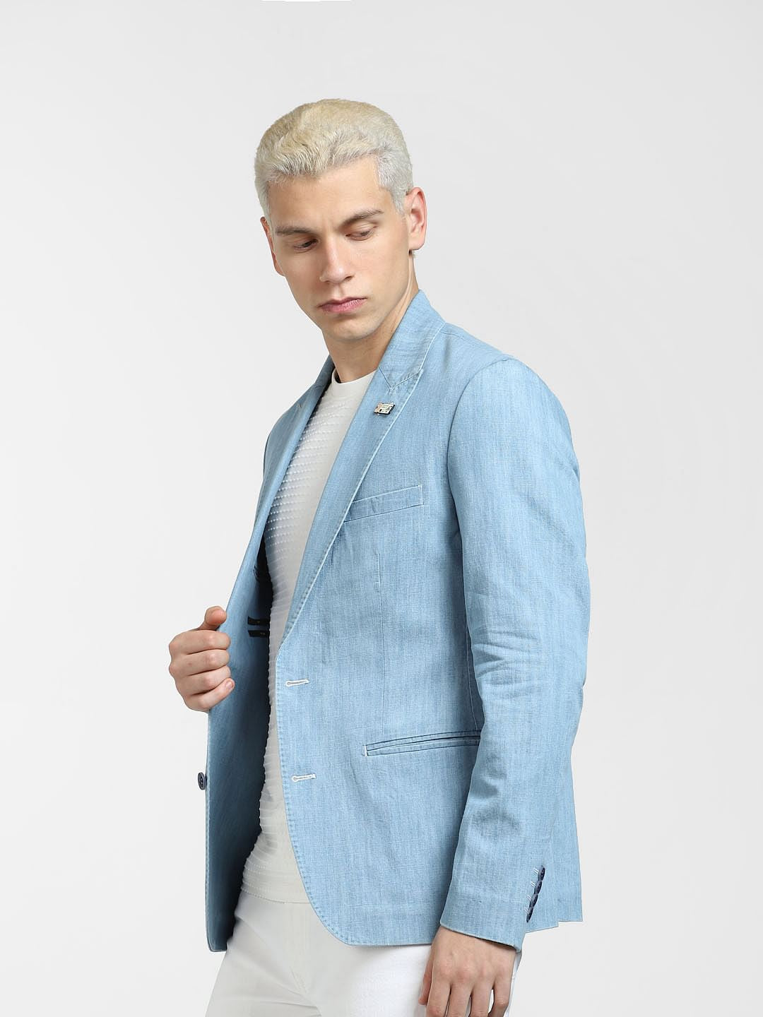 Light Blue Slim Fit Denim Blazer