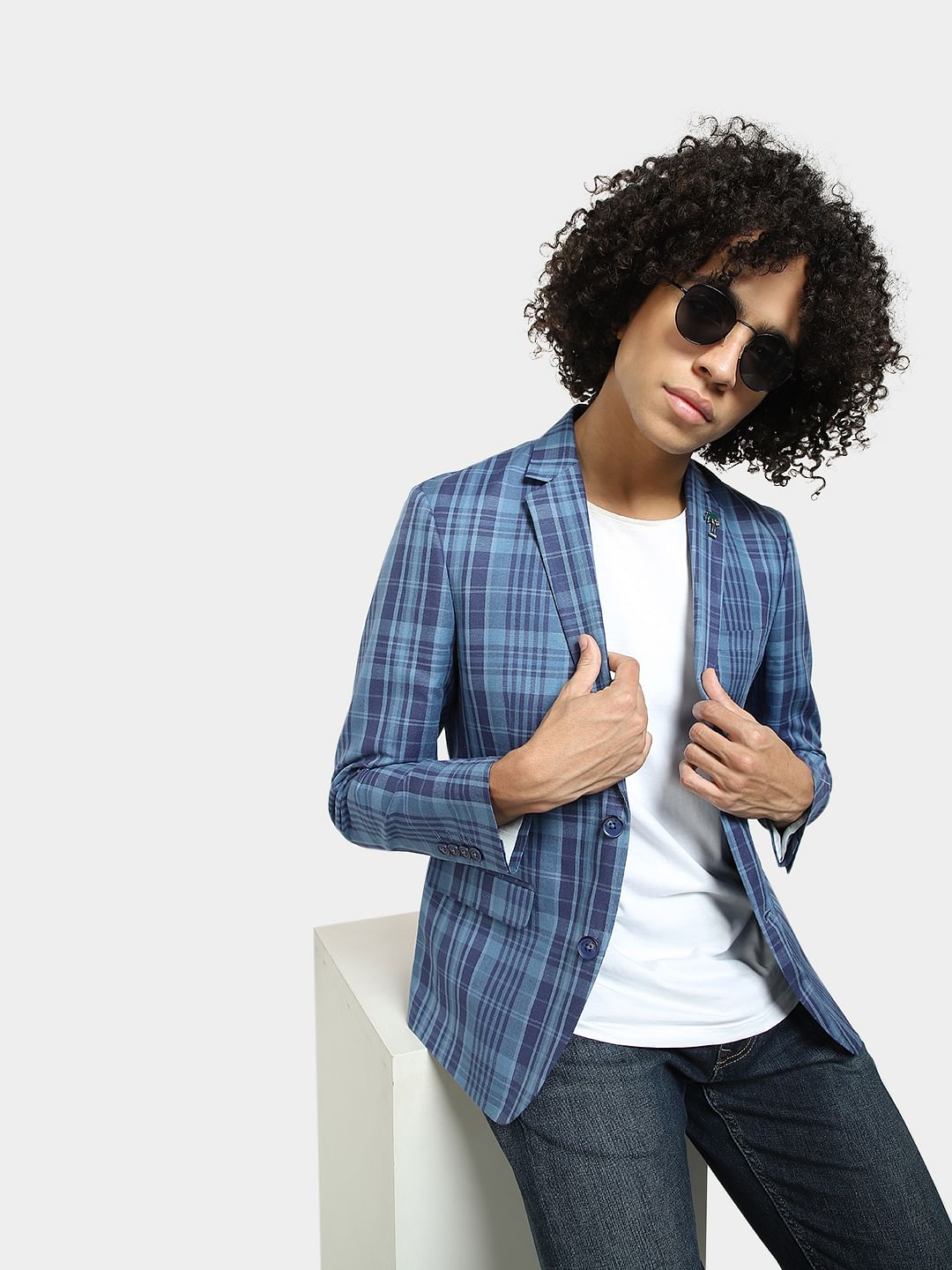 Blue Check Print Linen Blazer - 46