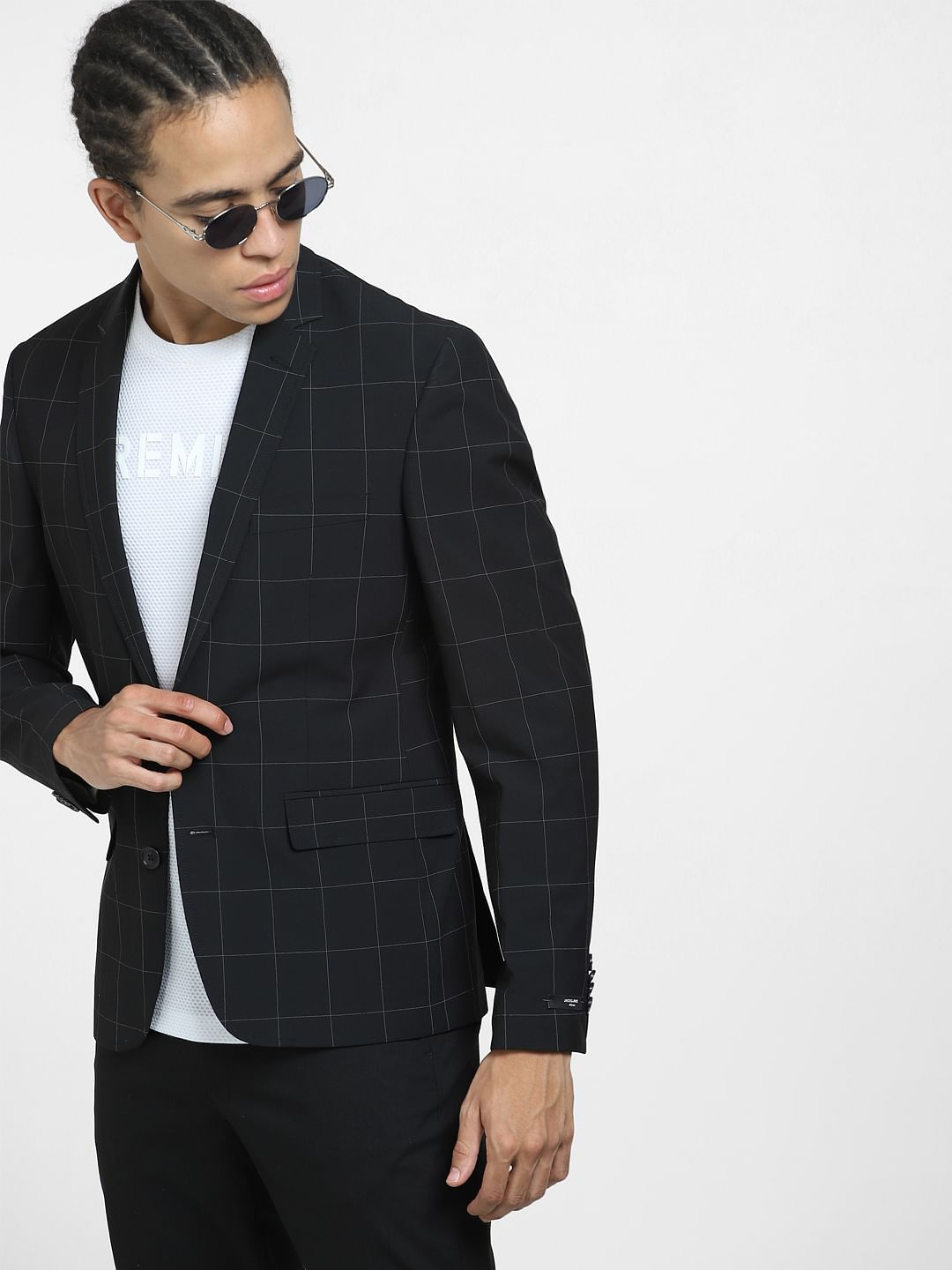 Black Check Print Blazer - 48