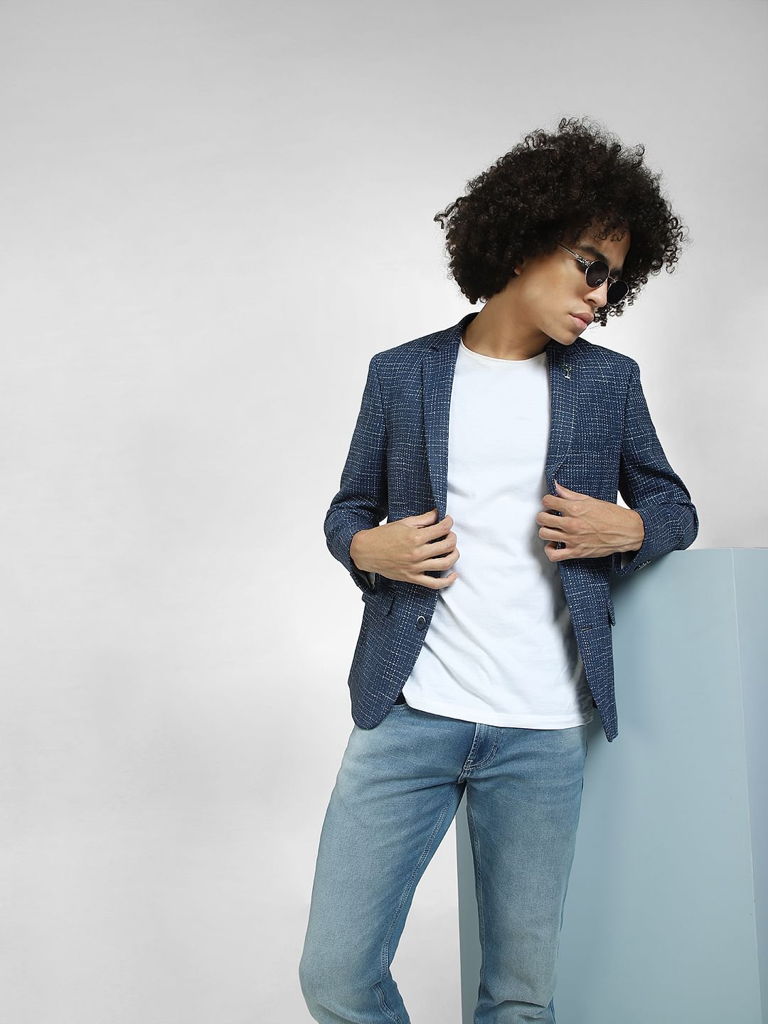 Blue Printed Slim Fit Blazer - 46