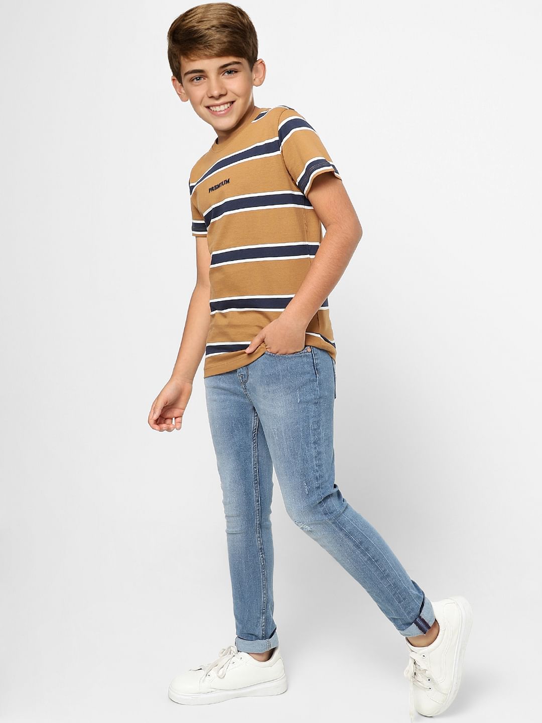 Boys Brown Striped Crew Neck T-shirt