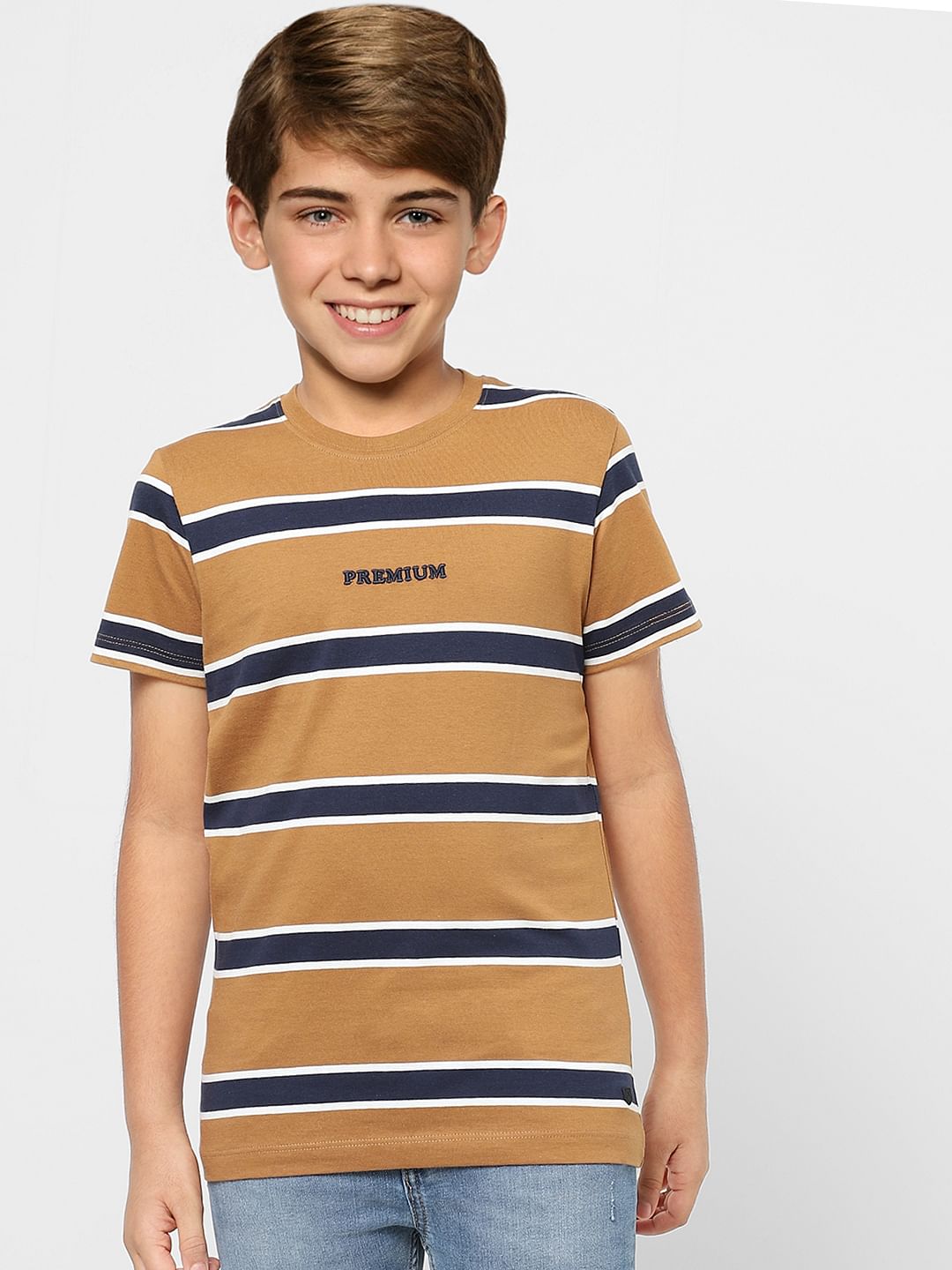 Boys Brown Striped Crew Neck T-shirt