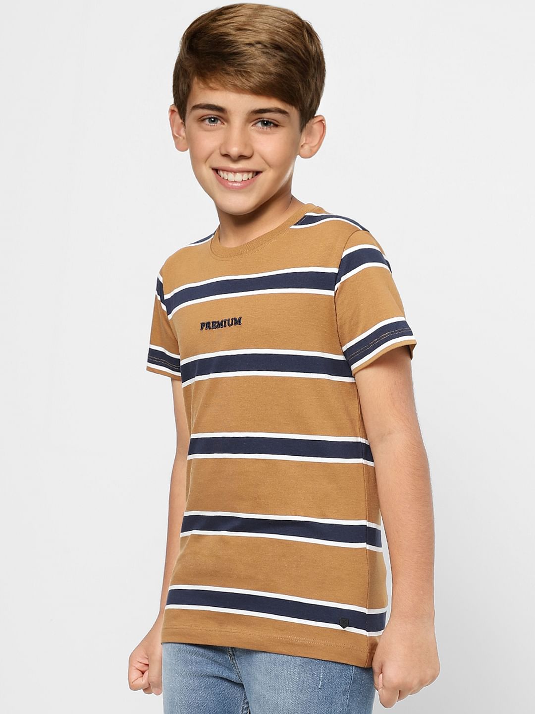 Boys Brown Striped Crew Neck T-shirt