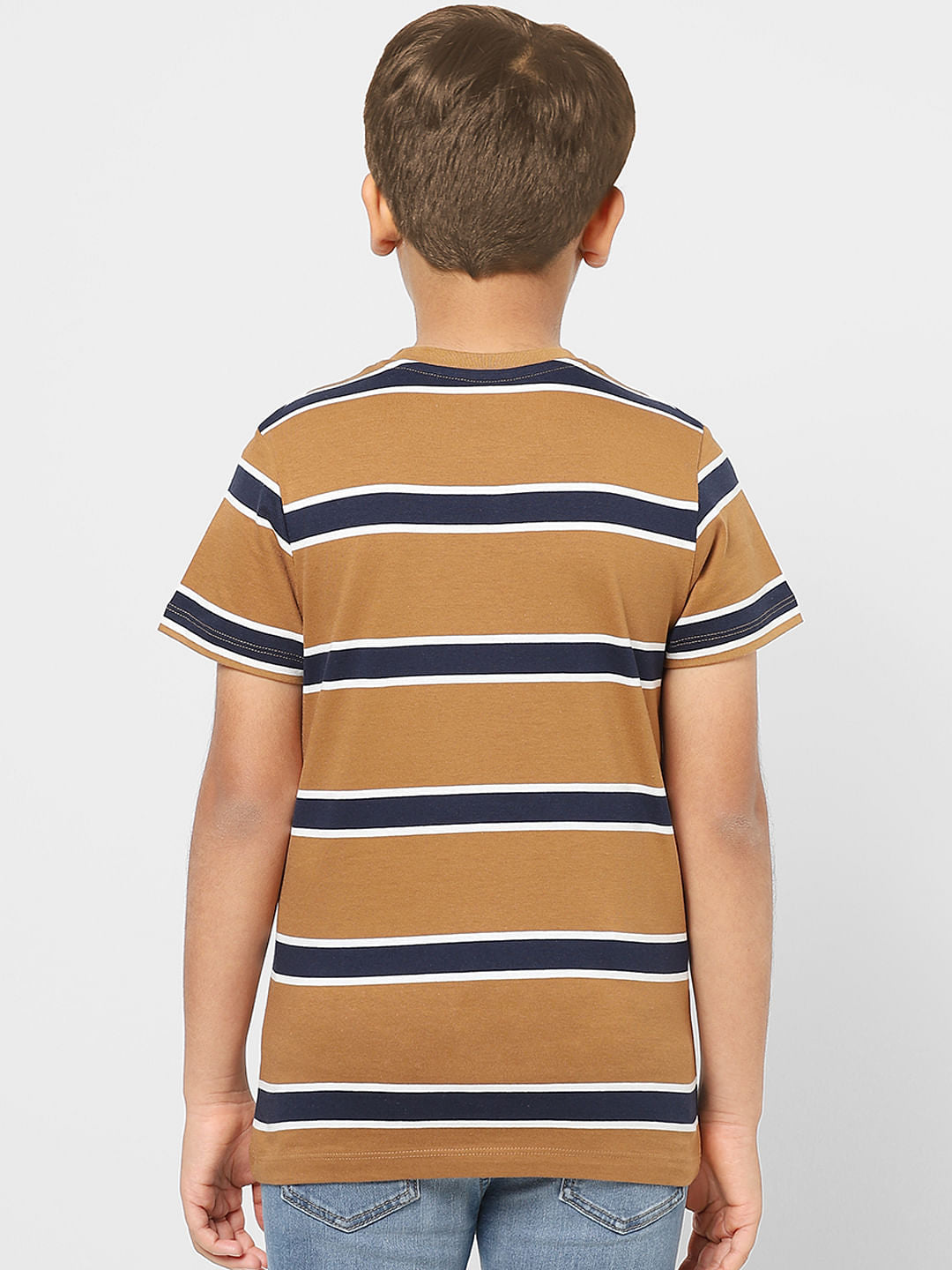 Boys Brown Striped Crew Neck T-shirt