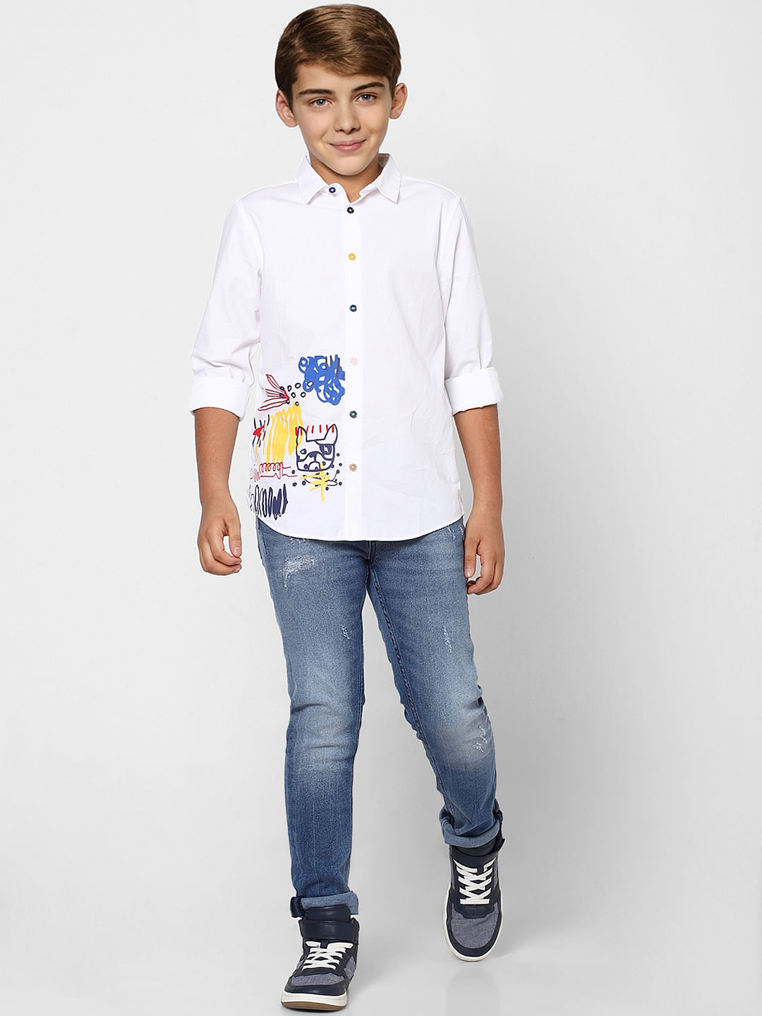 BOYS White Graphic Print Full Sleeves Shirt - 9/10Y