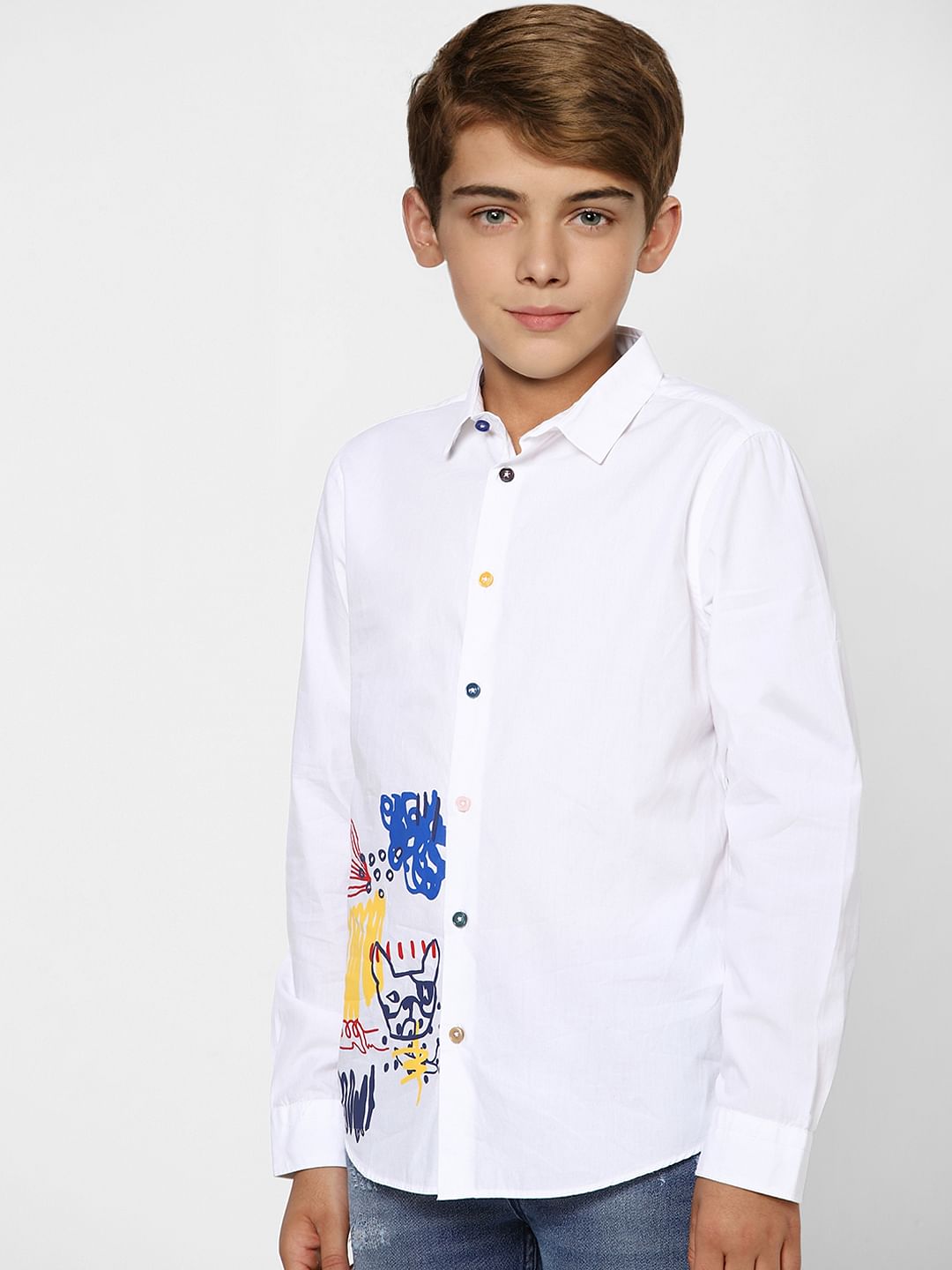 BOYS White Graphic Print Full Sleeves Shirt