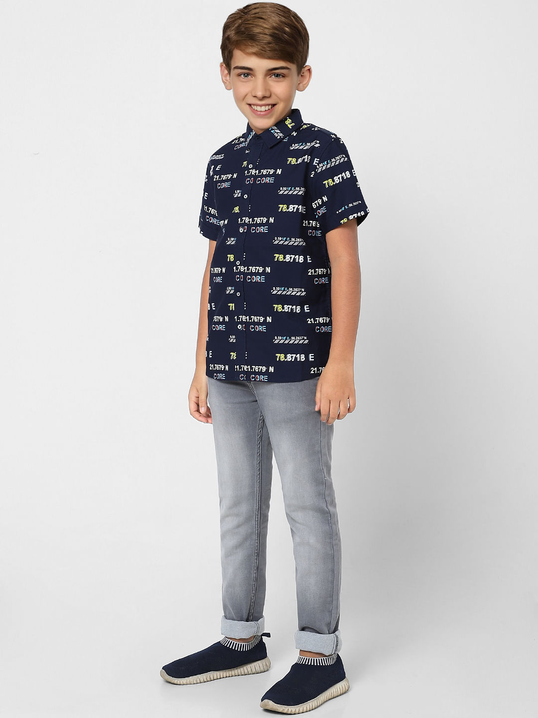 BOYS Dark Navy Blue Printed Half Sleeves Shirt