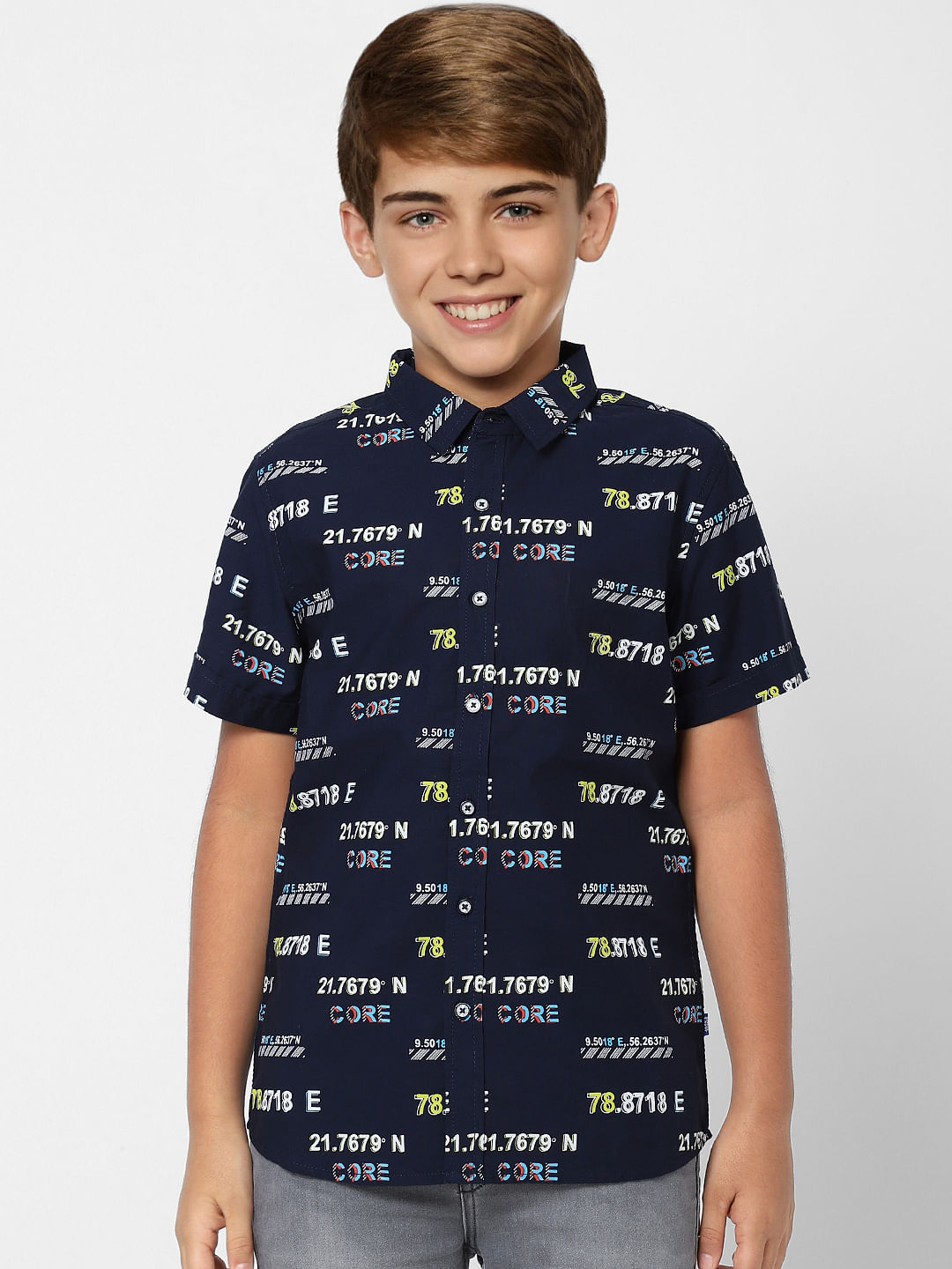 BOYS Dark Navy Blue Printed Half Sleeves Shirt