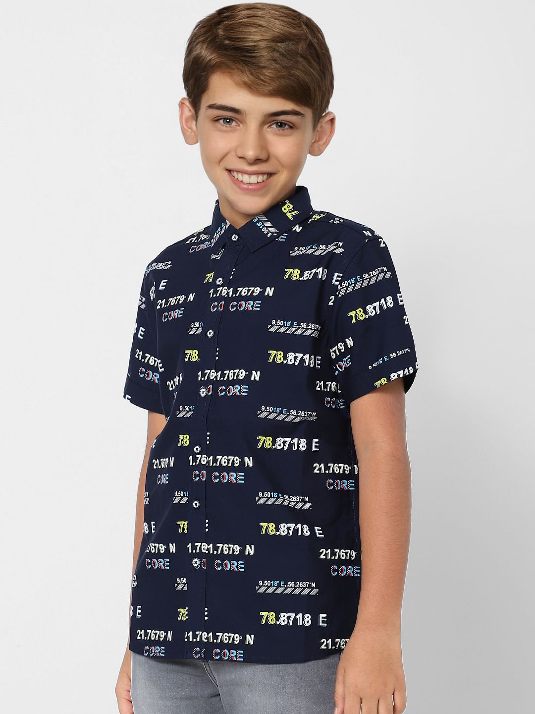 BOYS Dark Navy Blue Printed Half Sleeves Shirt