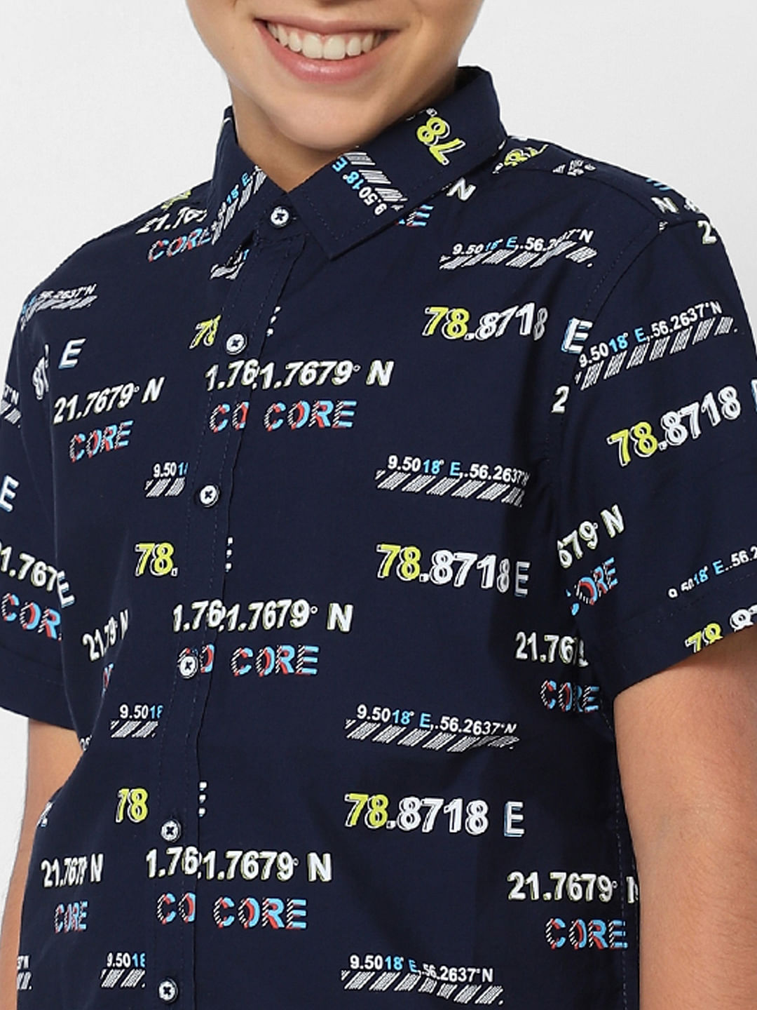 BOYS Dark Navy Blue Printed Half Sleeves Shirt