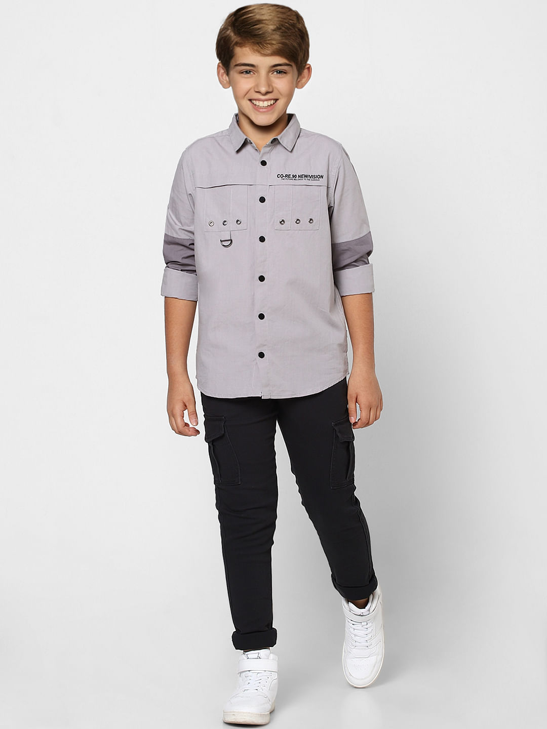 BOYS Grey Colourblocked Full Sleeves Shirt - 9/10Y