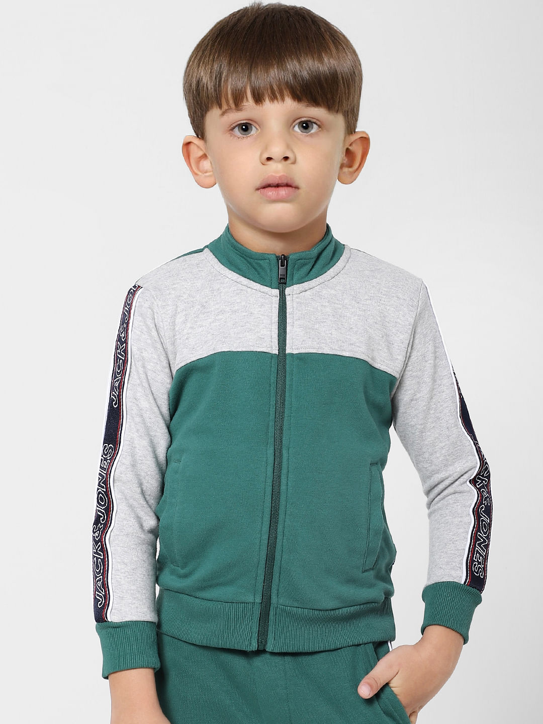 BOYS Green Colourblocked Zip Up Sweatshirt