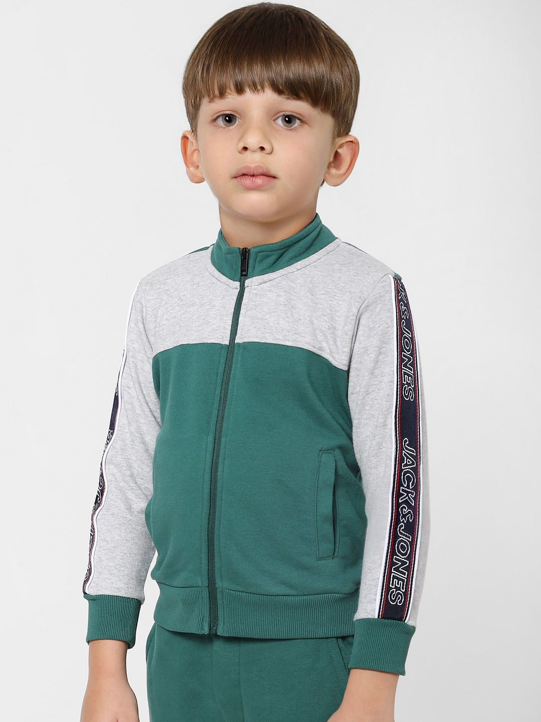 BOYS Green Colourblocked Zip Up Sweatshirt