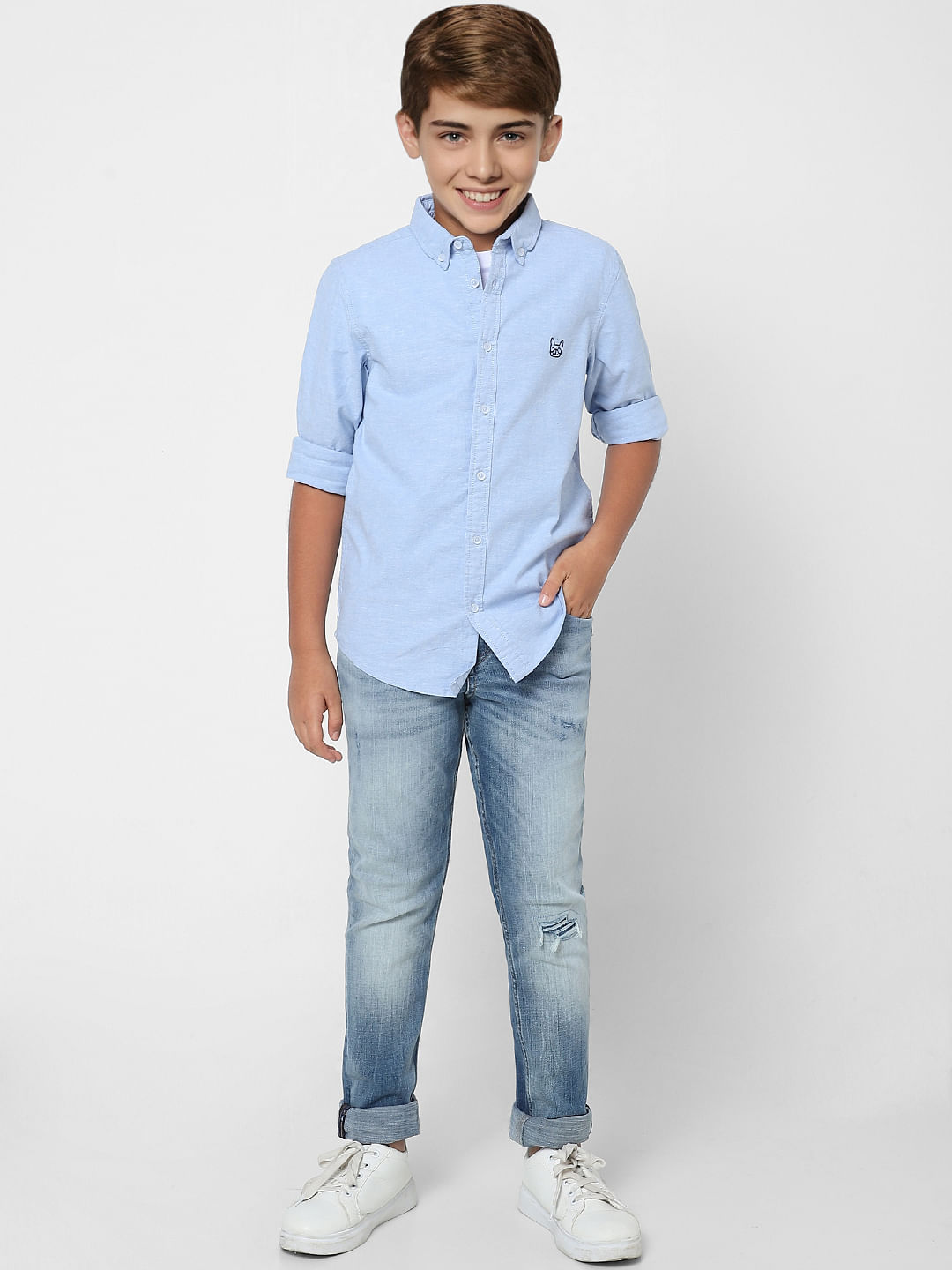 BOYS Blue Solid Full Sleeves Shirt