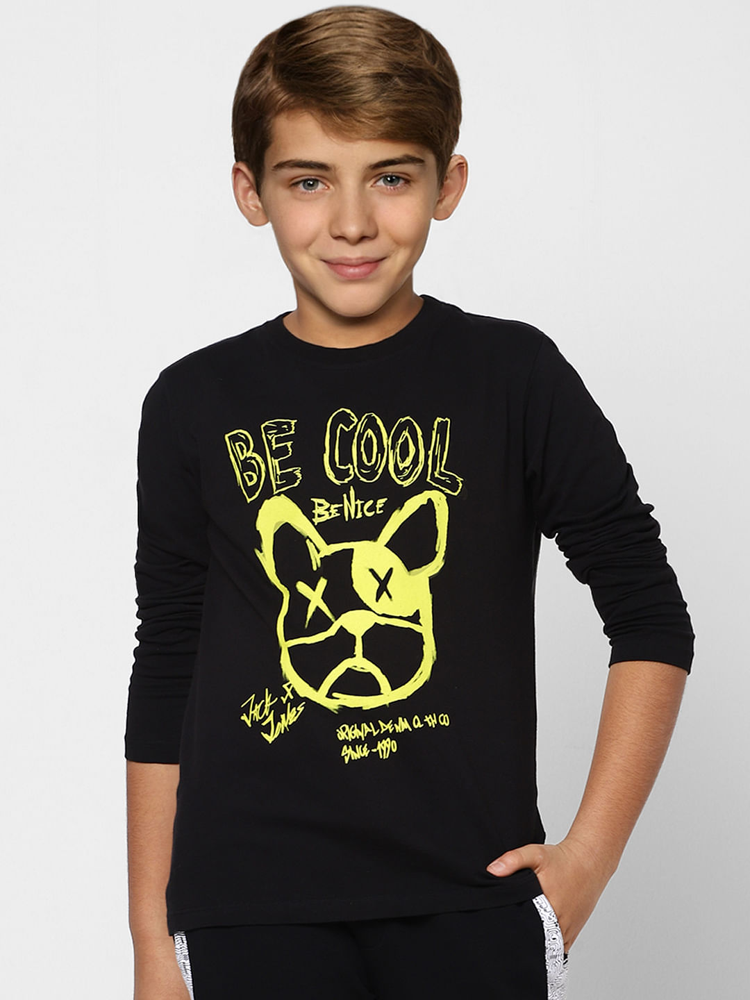 Boys Black Graphic Print Full Sleeves T-shirt