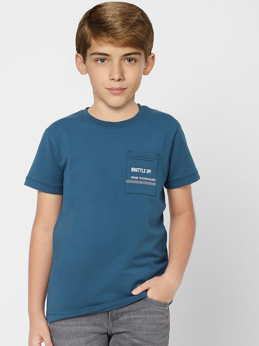 Boys Turquoise Text Print Crew Neck T-shirt