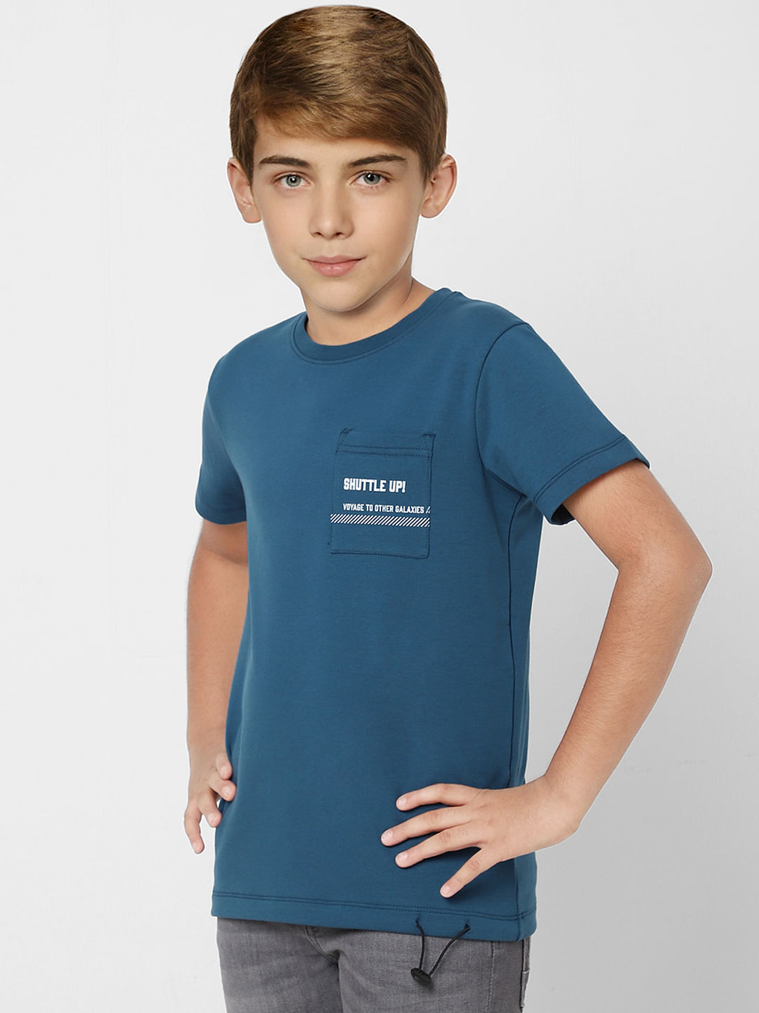 Boys Turquoise Text Print Crew Neck T-shirt