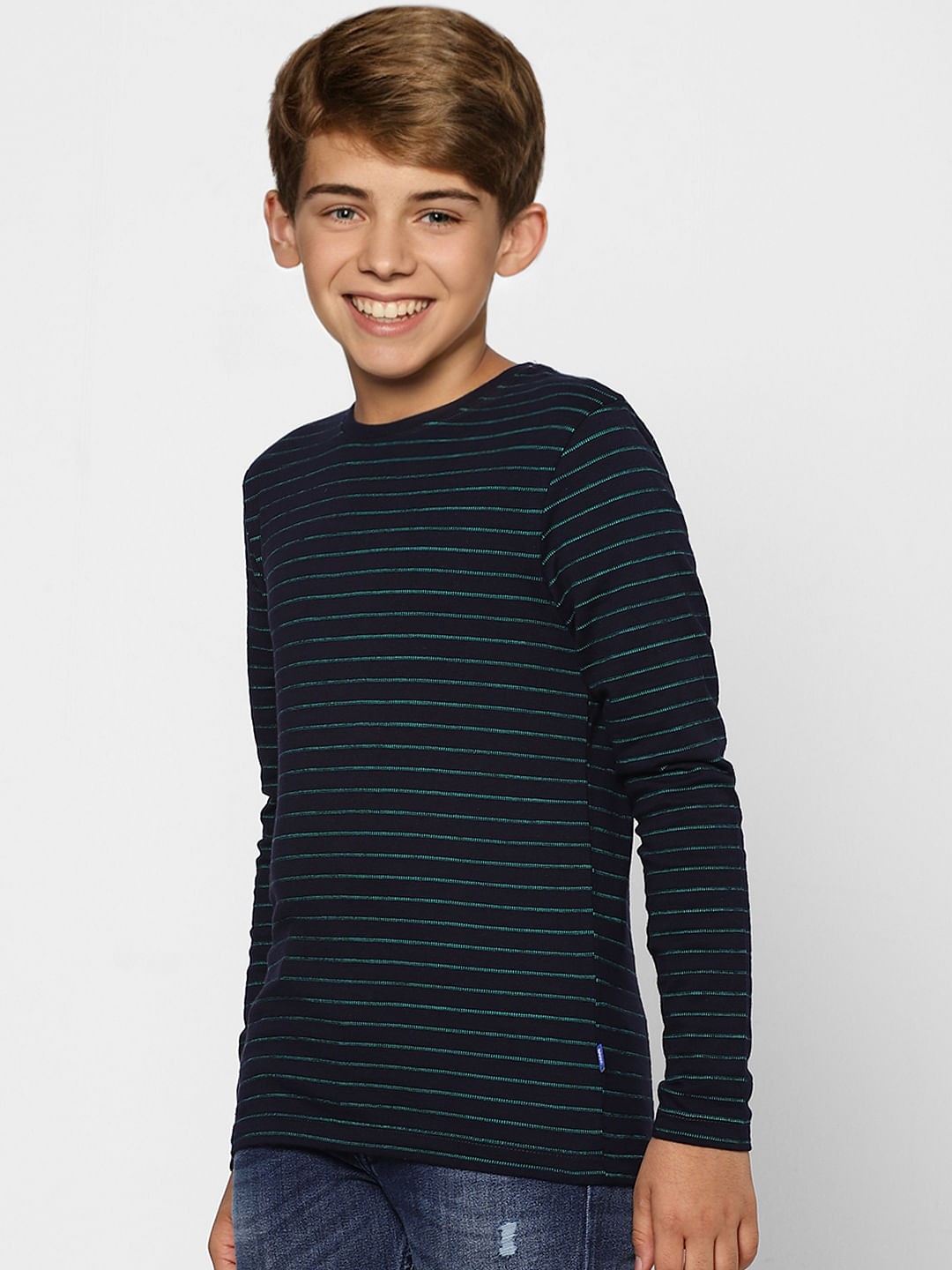 BOYS Blue Striped Crew Neck Full Sleeves T-shirt