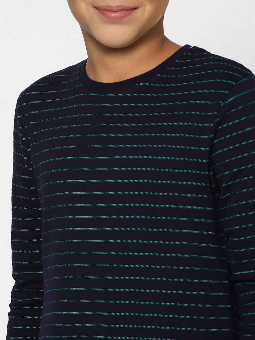 BOYS Blue Striped Crew Neck Full Sleeves T-shirt