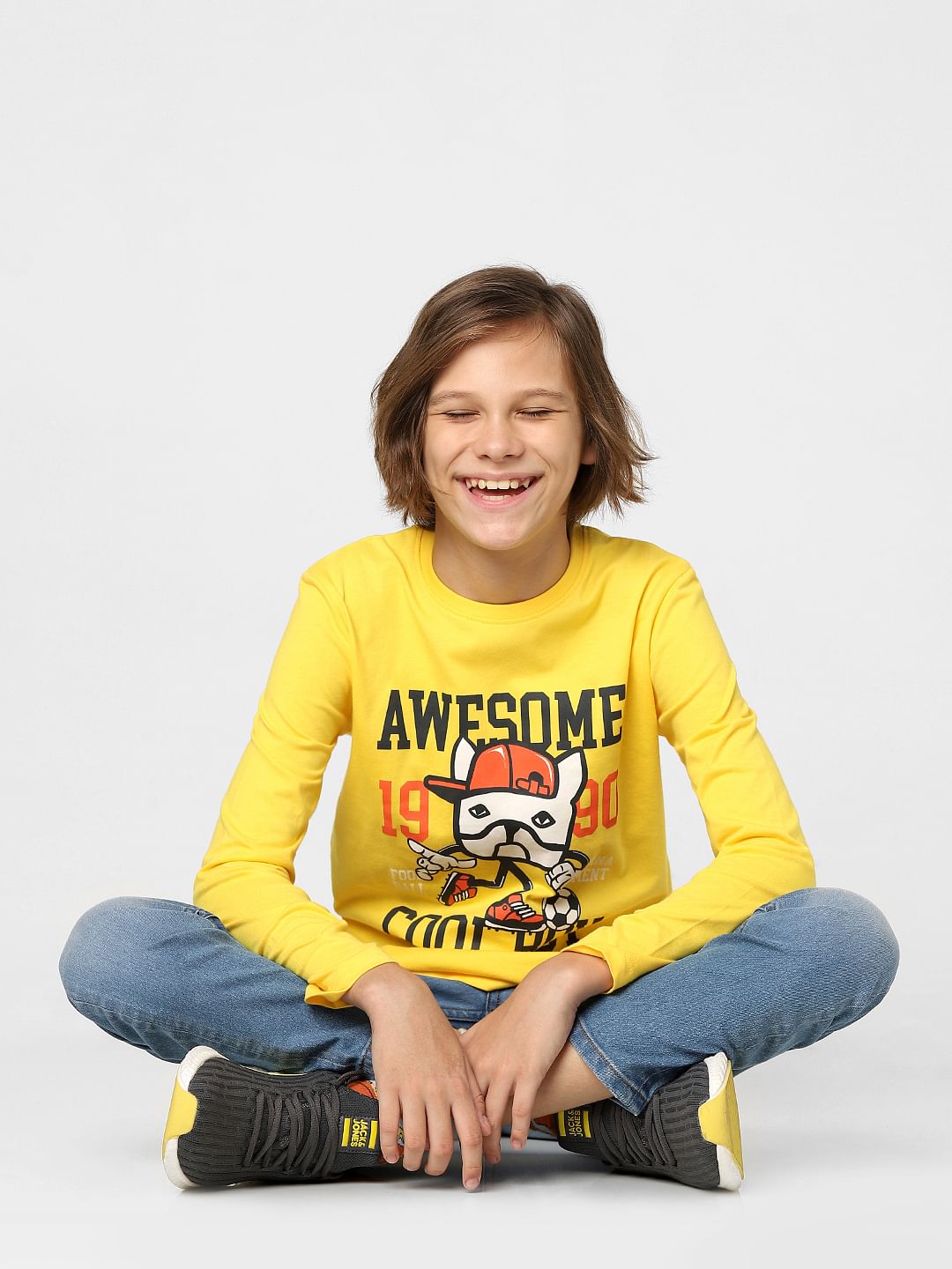 BOYS Yellow Football Graphic Print Crew Neck T-shirt - 4/5Y