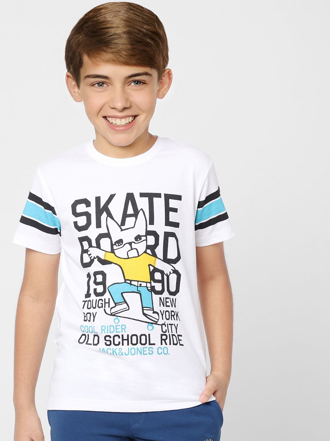 Boys White Graphic Print Crew Neck T-shirt