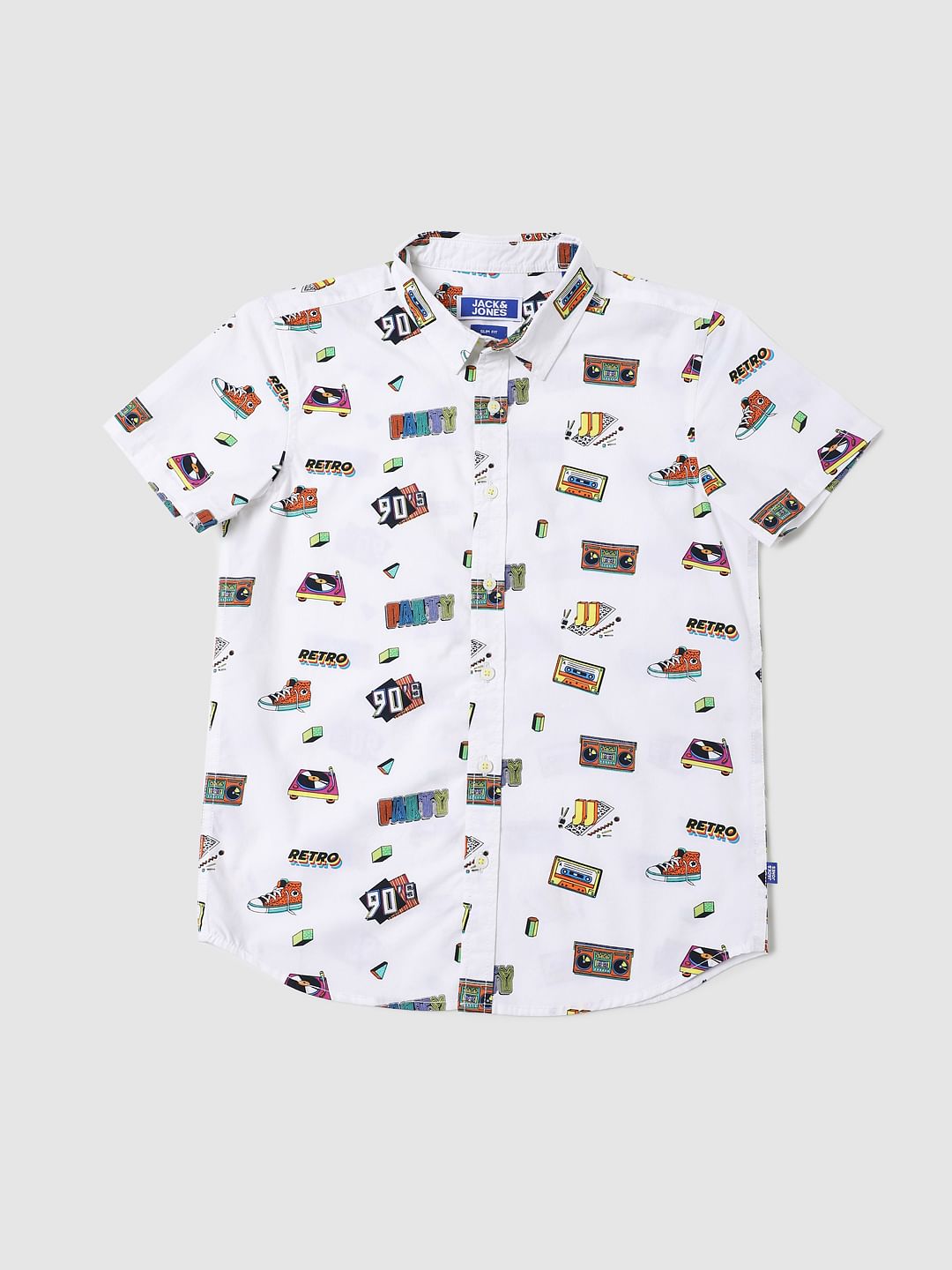 BOYS White 90's Theme Print Half Sleeves Shirt - 4/5Y