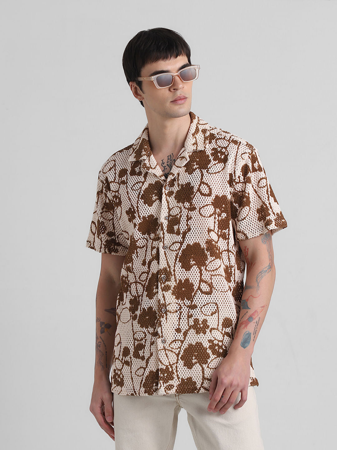 Brown Printed Short Sleeves Shirt - S
