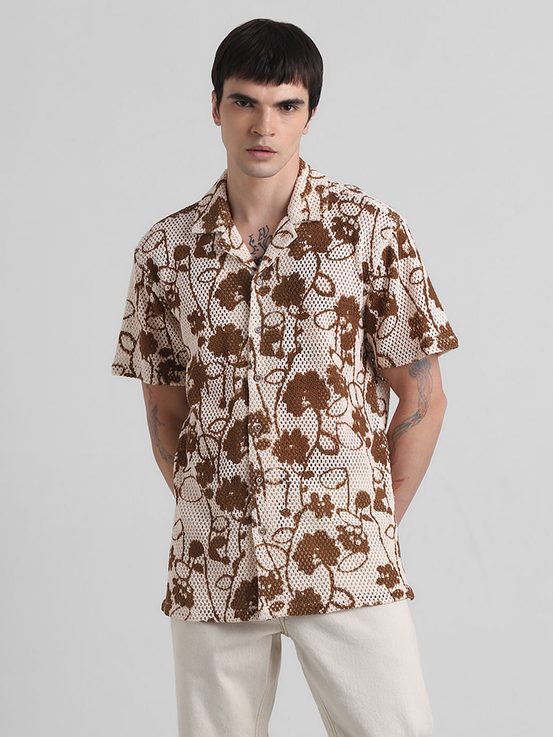 Brown Printed Short Sleeves Shirt