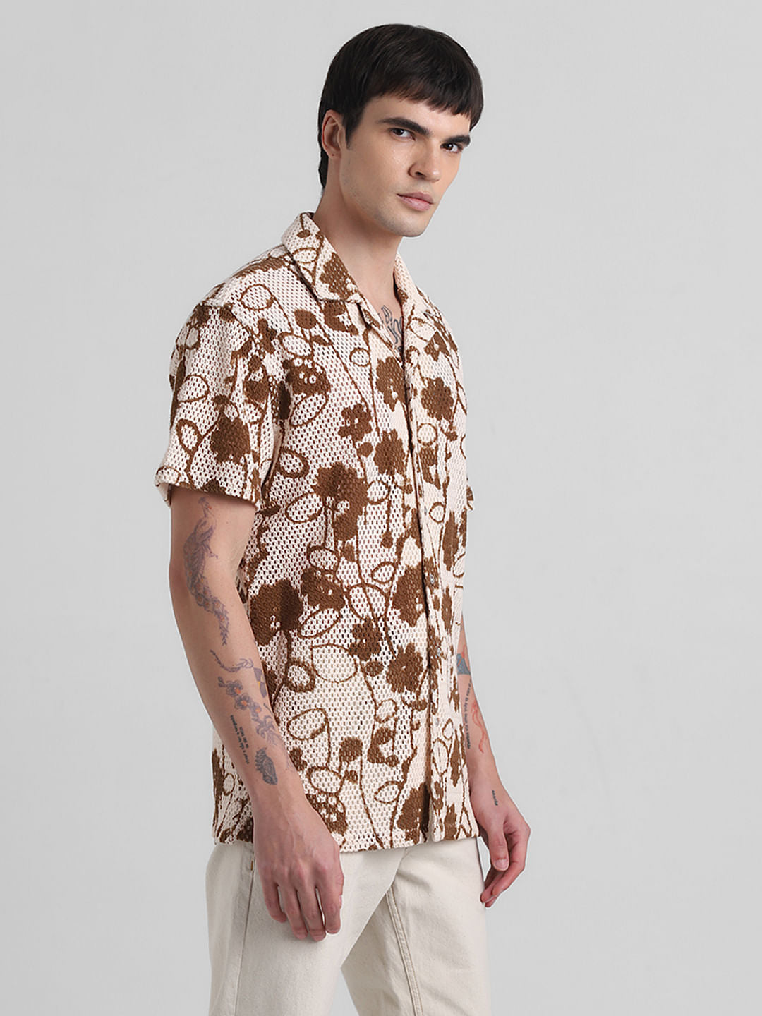 Brown Printed Short Sleeves Shirt