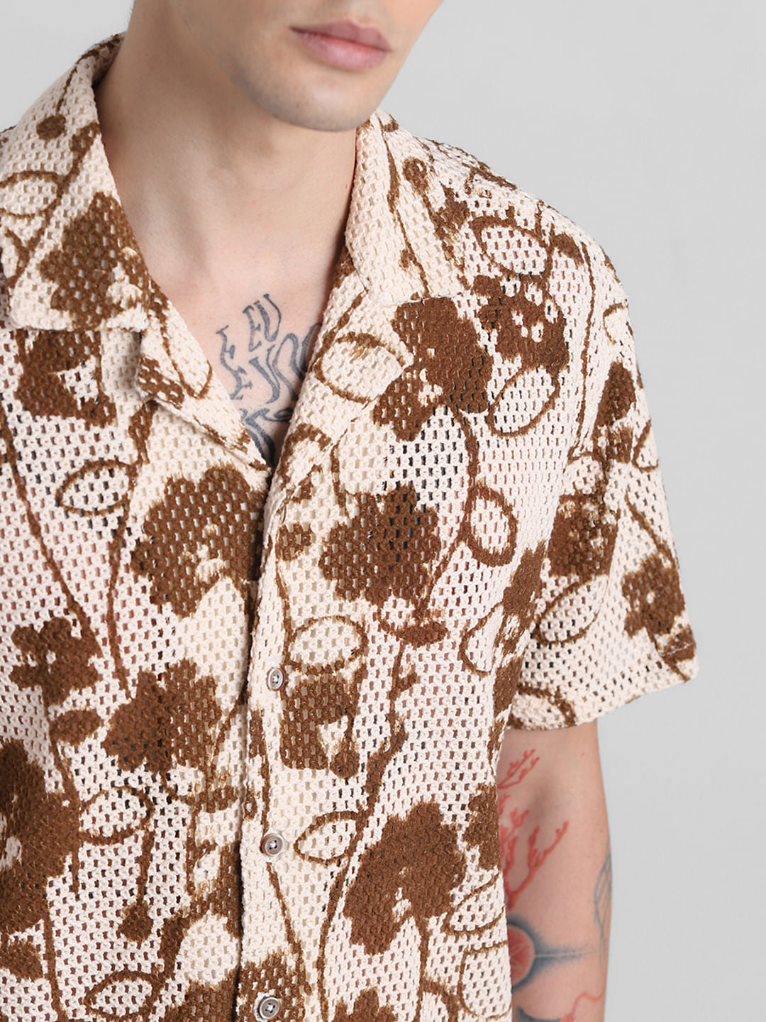 Brown Printed Short Sleeves Shirt
