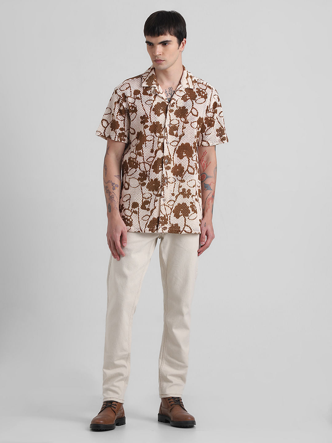 Brown Printed Short Sleeves Shirt