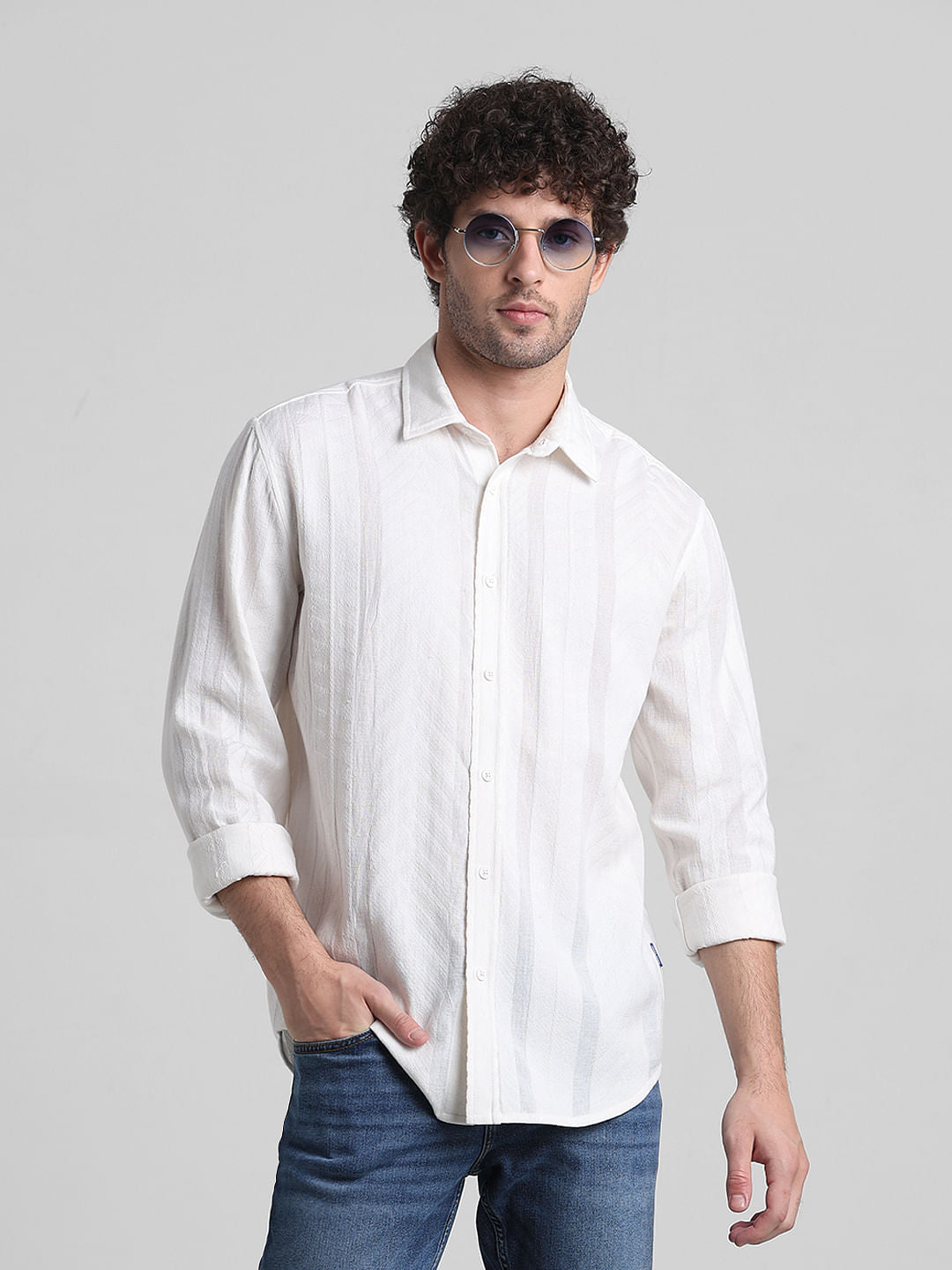 White Printed Textured Weave Shirt - S