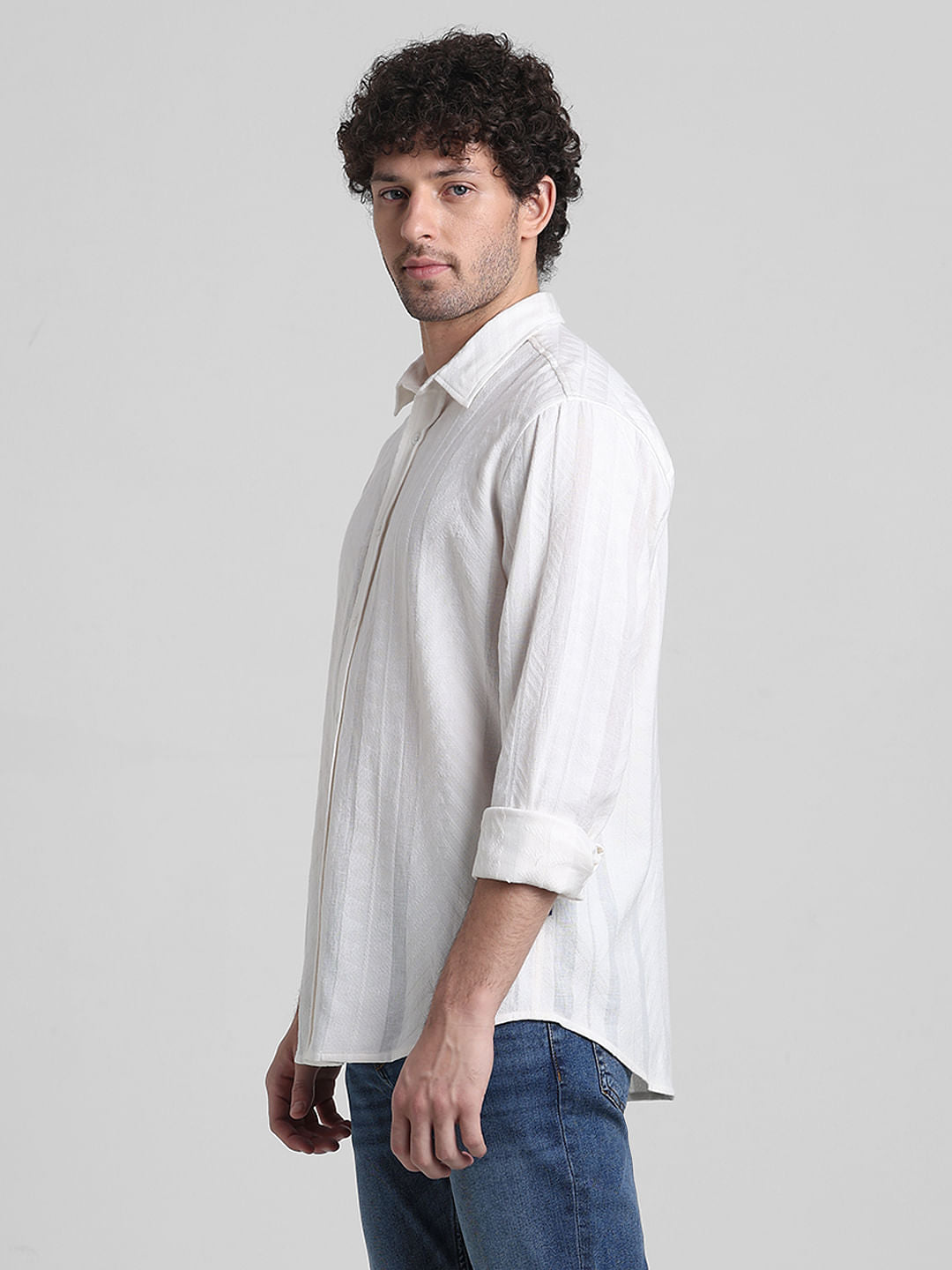 White Printed Textured Weave Shirt