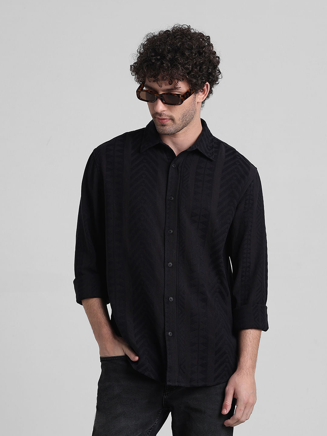 Black Printed Textured Weave Shirt
