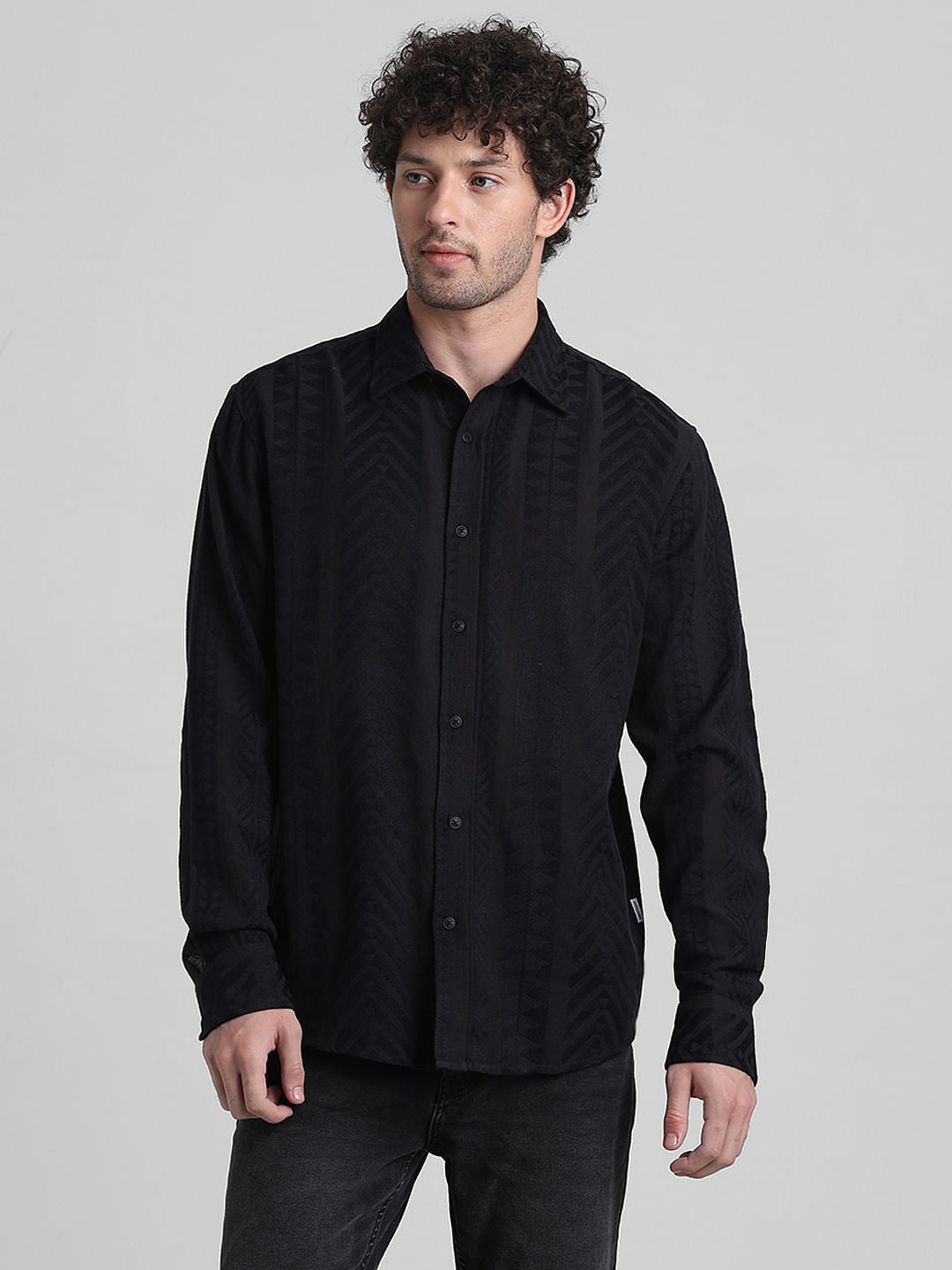 Black Printed Textured Weave Shirt