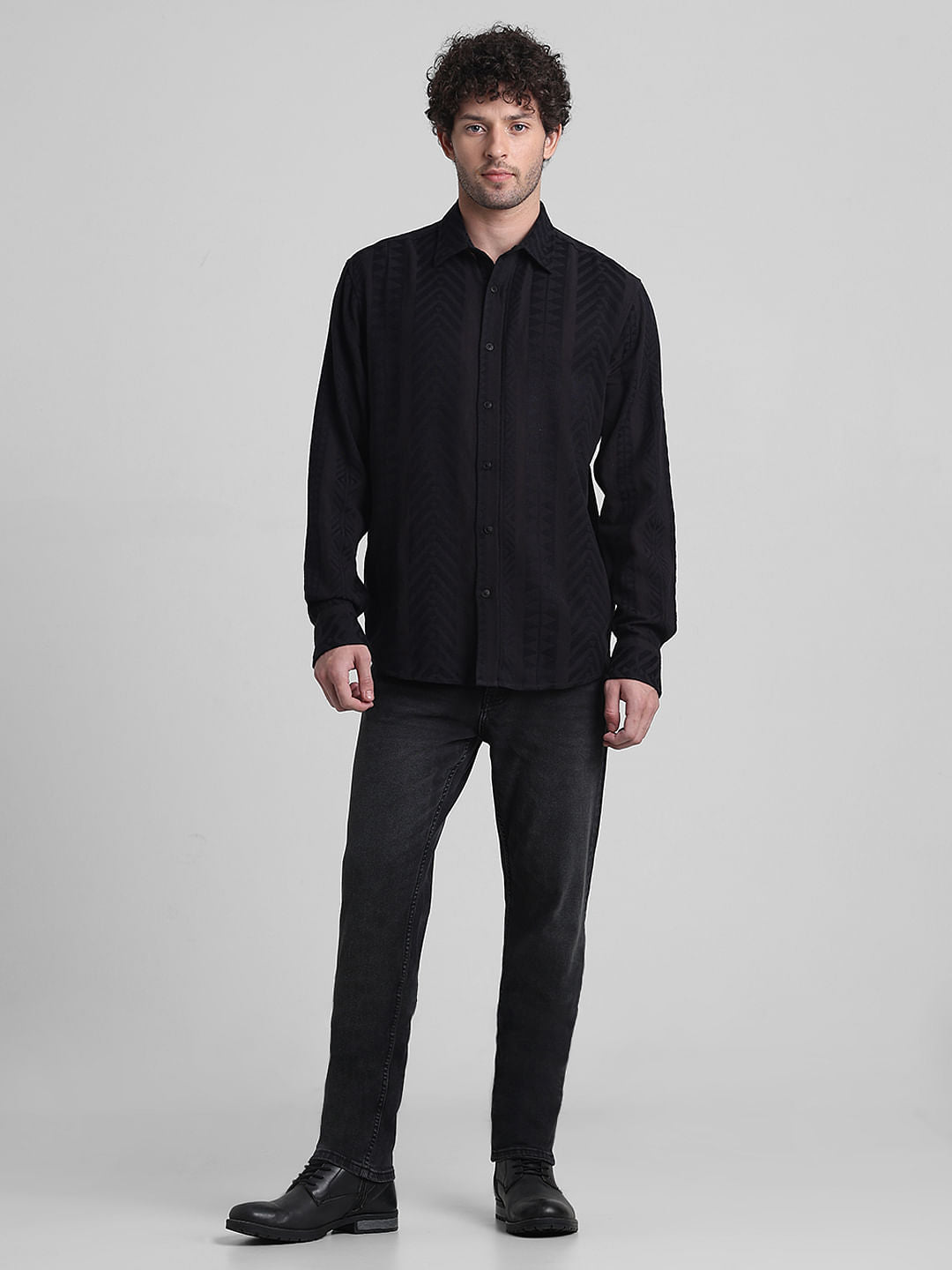 Black Printed Textured Weave Shirt