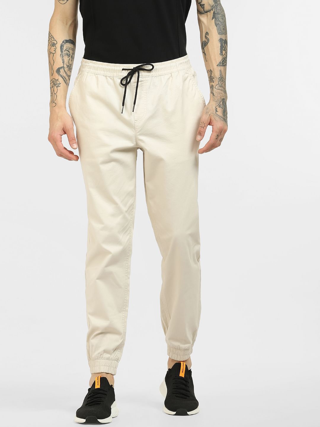 Beige Low Rise Cotton Pants