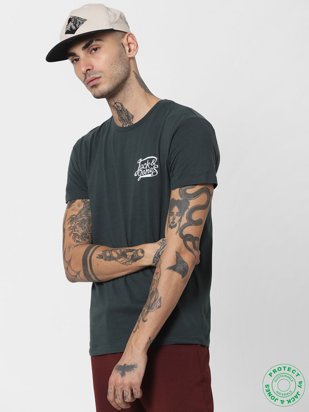 Dark Green Logo Print Crew Neck T-shirt - S