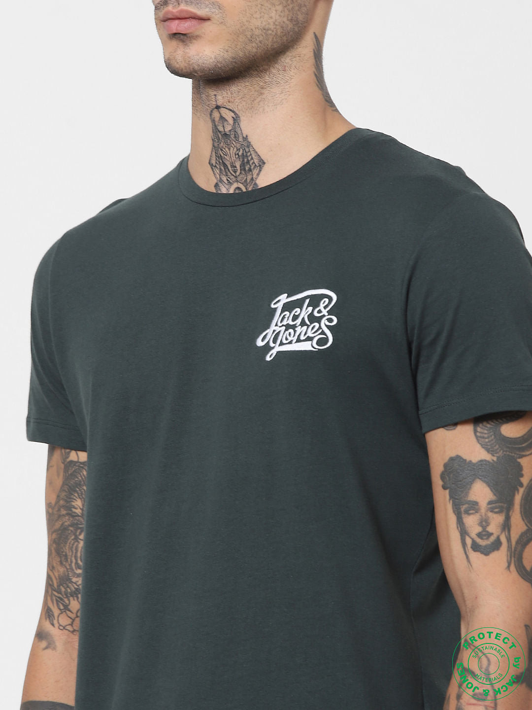 Dark Green Logo Print Crew Neck T-shirt