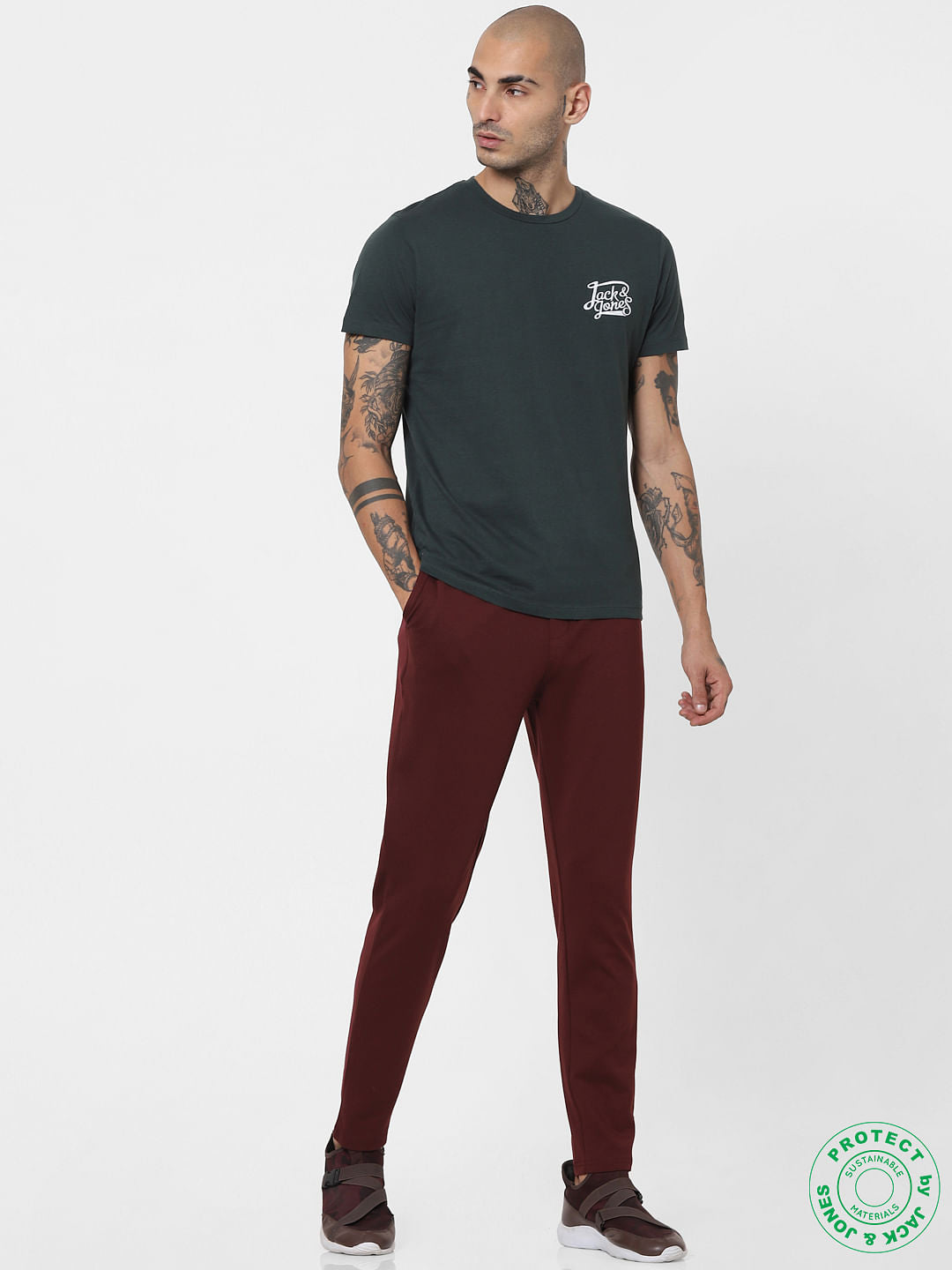 Dark Green Logo Print Crew Neck T-shirt