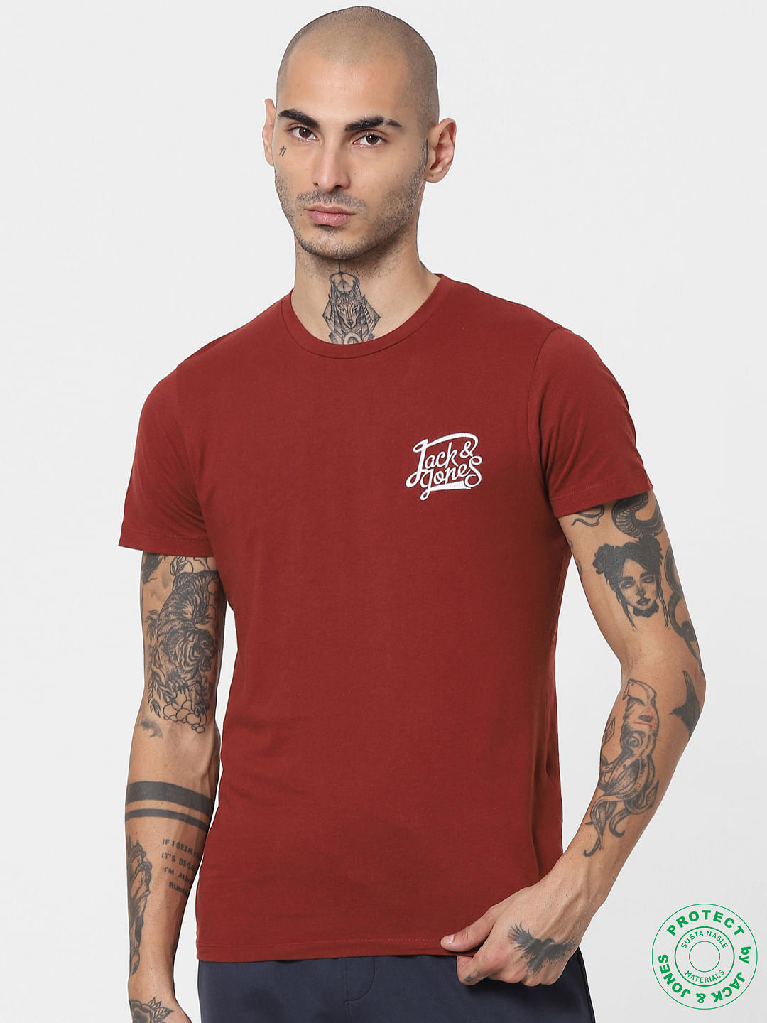 Brick Red Logo Print Crew Neck T-shirt