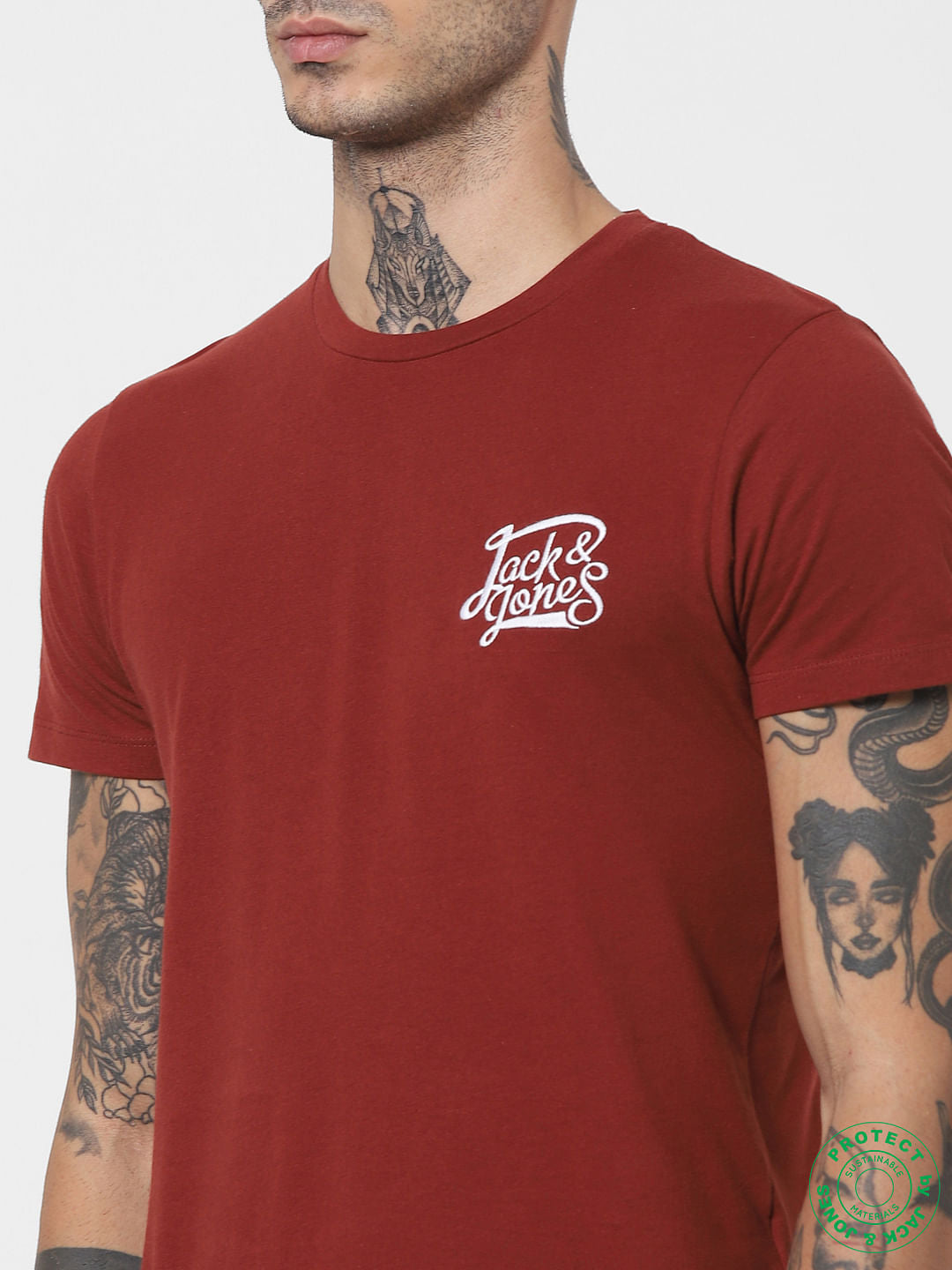 Brick Red Logo Print Crew Neck T-shirt