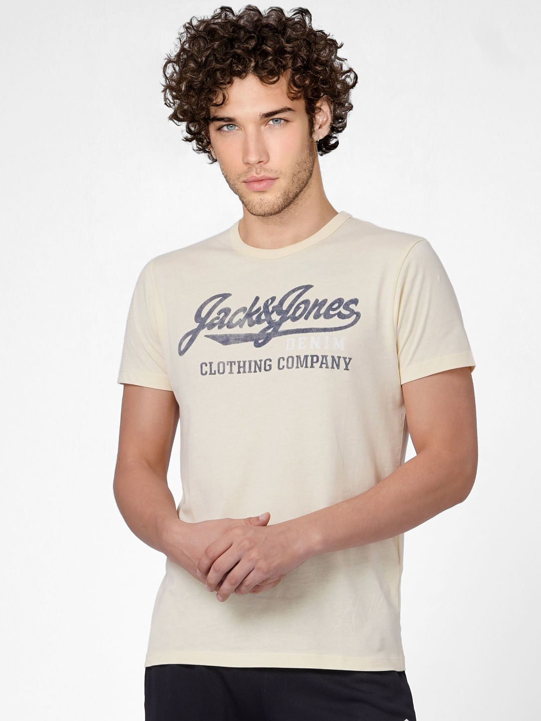 Beige Logo Print Crew Neck T-shirt