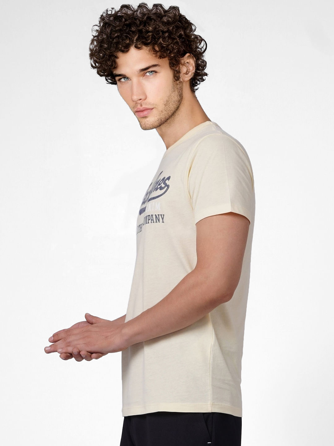 Beige Logo Print Crew Neck T-shirt