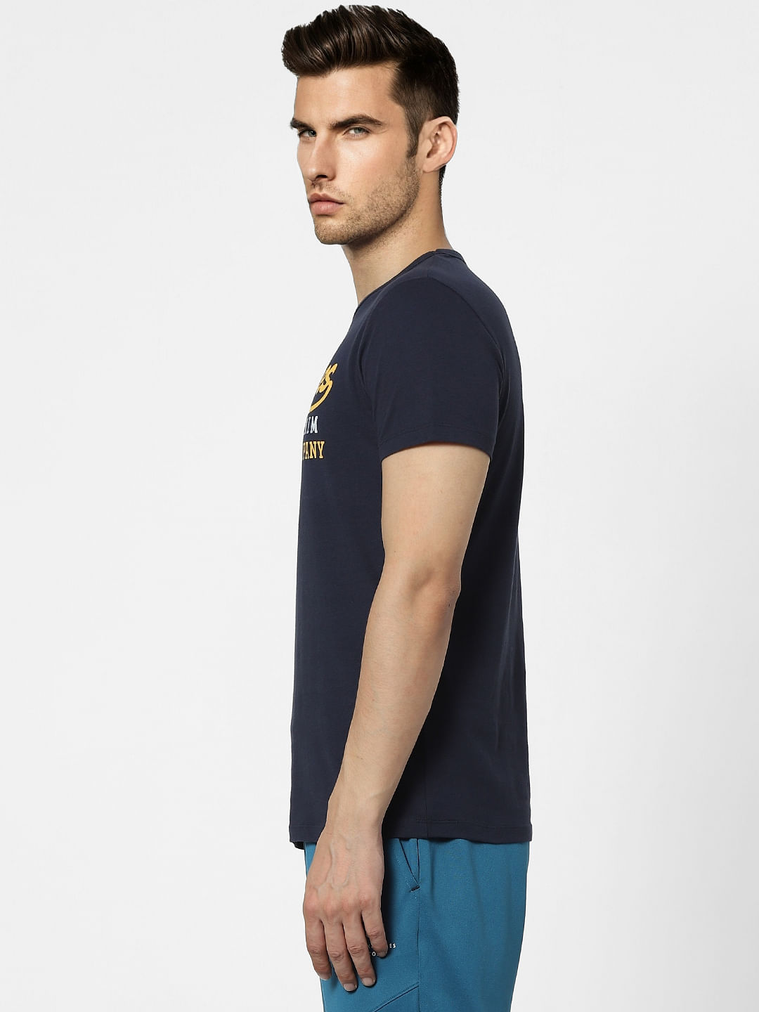 Navy Blue Logo Print Crew Neck T-shirt