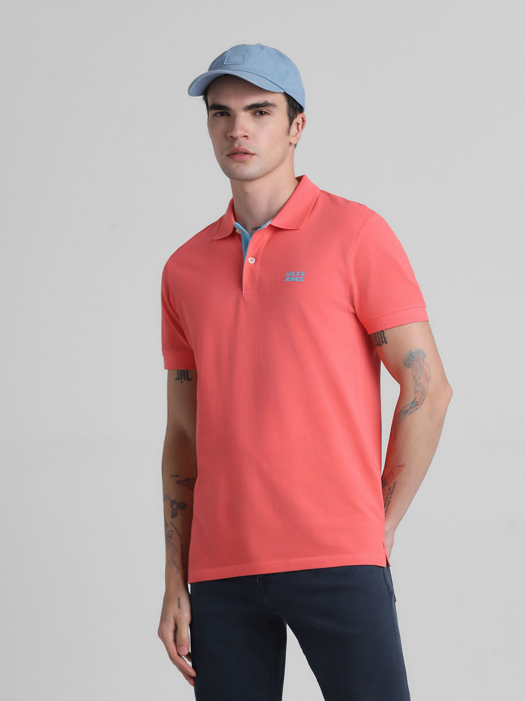 Coral Pink Cotton Polo T-Shirt - S